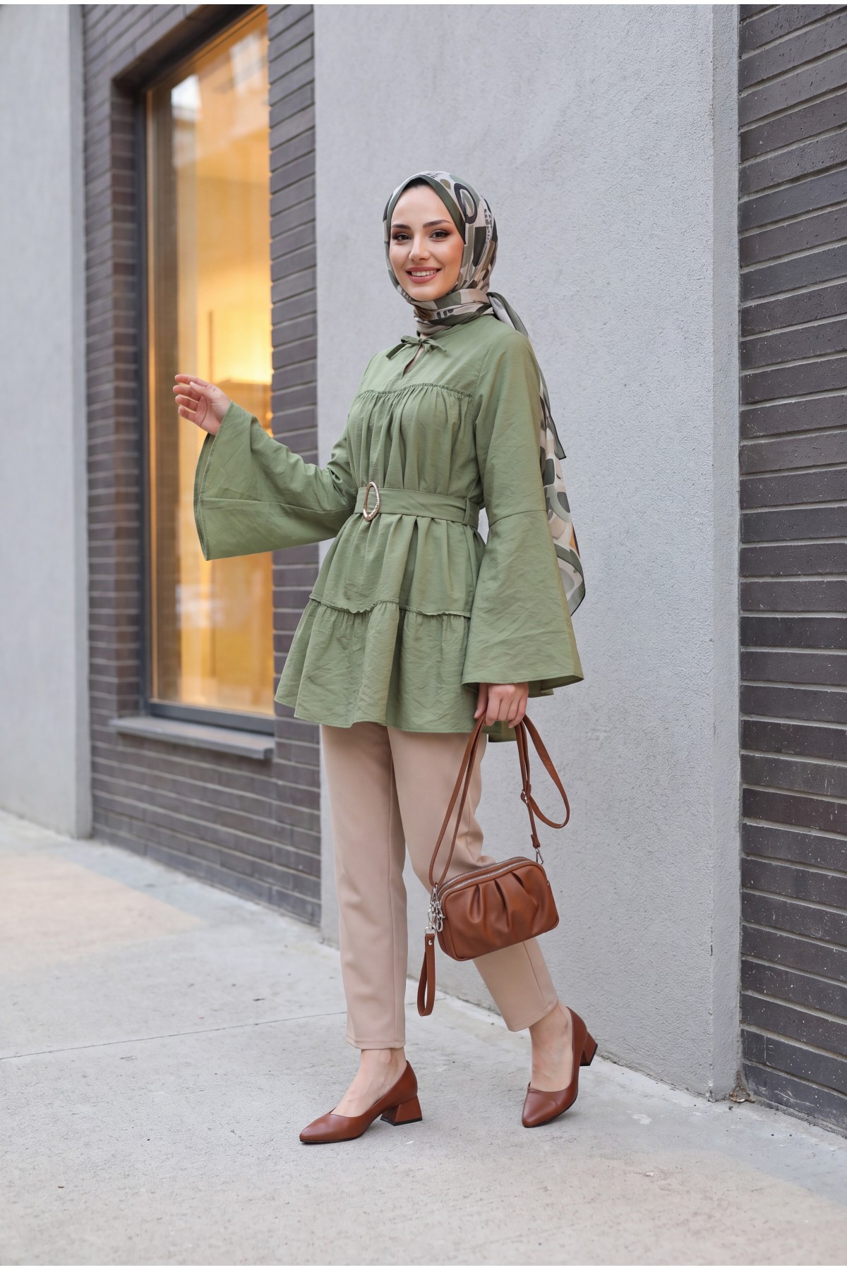 Buckled Belted, Tie-Collar, Panelled Polyviscose Tunic -Khaki
