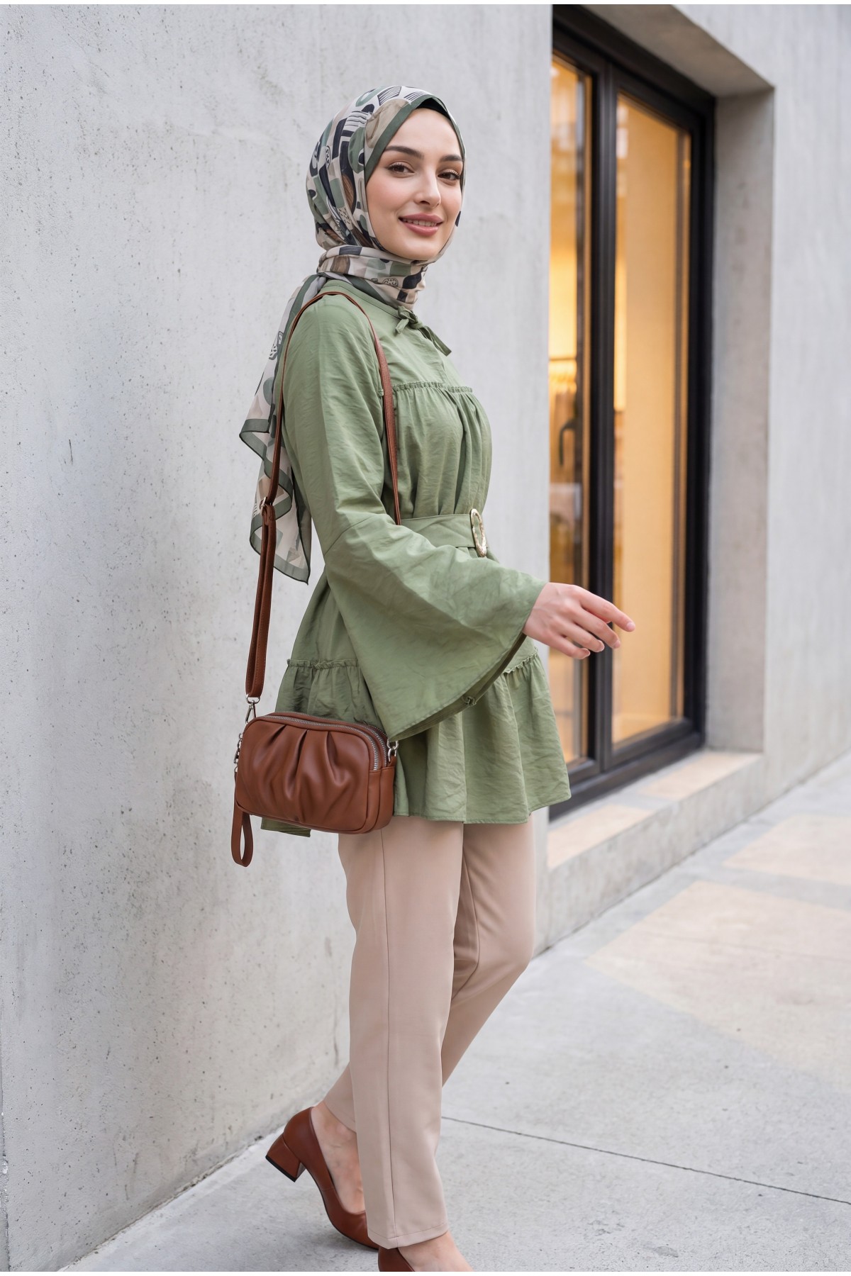 Buckled Belted, Tie-Collar, Panelled Polyviscose Tunic -Khaki