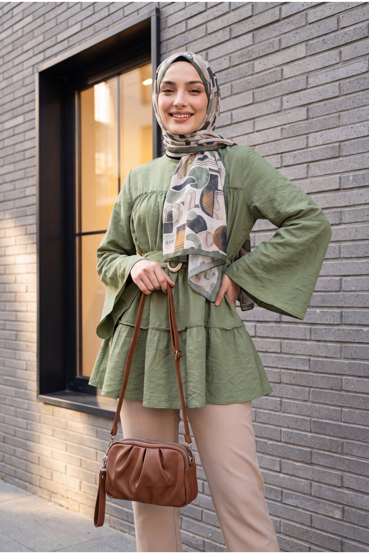 Buckled Belted, Tie-Collar, Panelled Polyviscose Tunic -Khaki