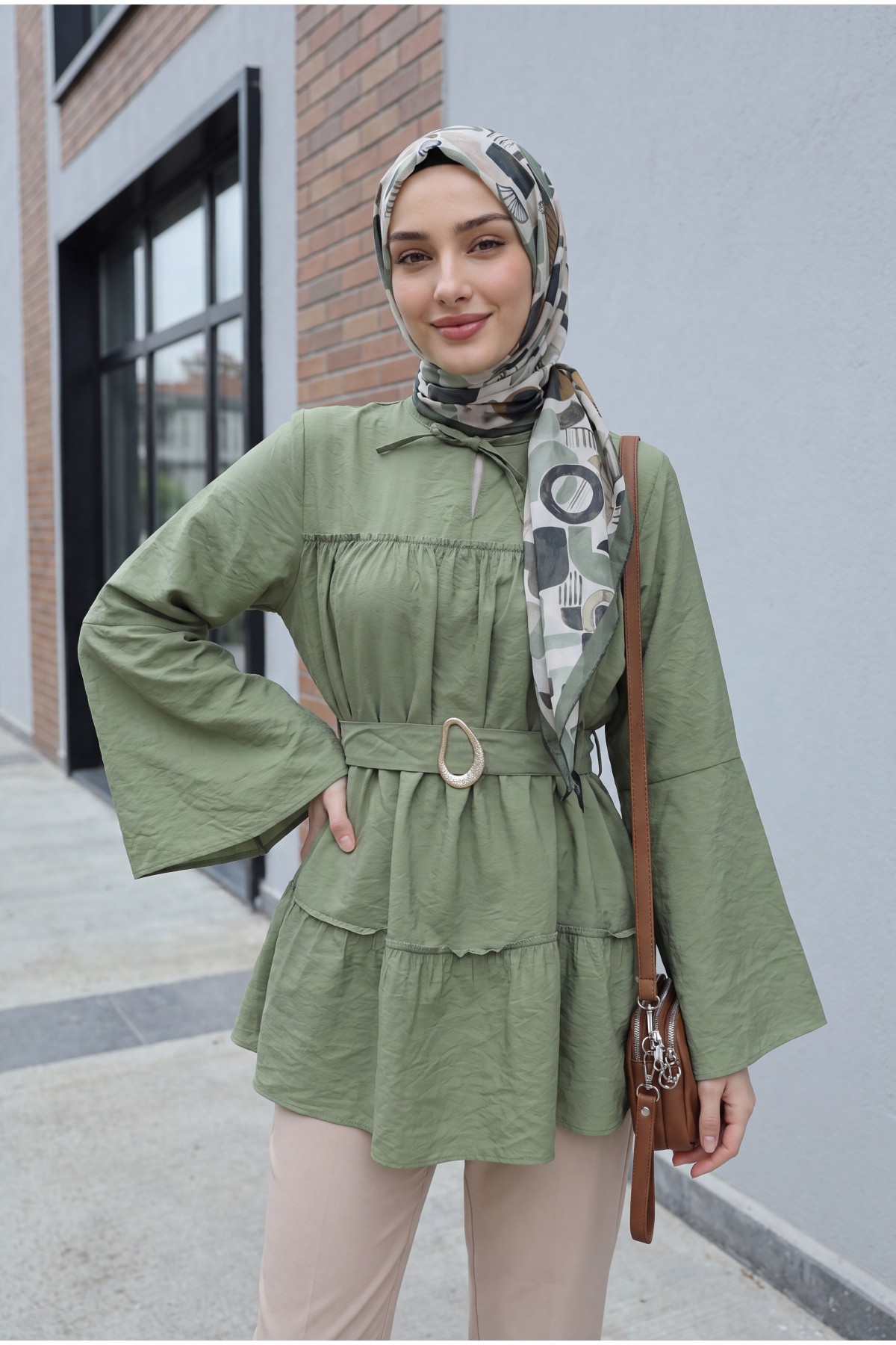 Buckled Belted, Tie-Collar, Panelled Polyviscose Tunic -Khaki