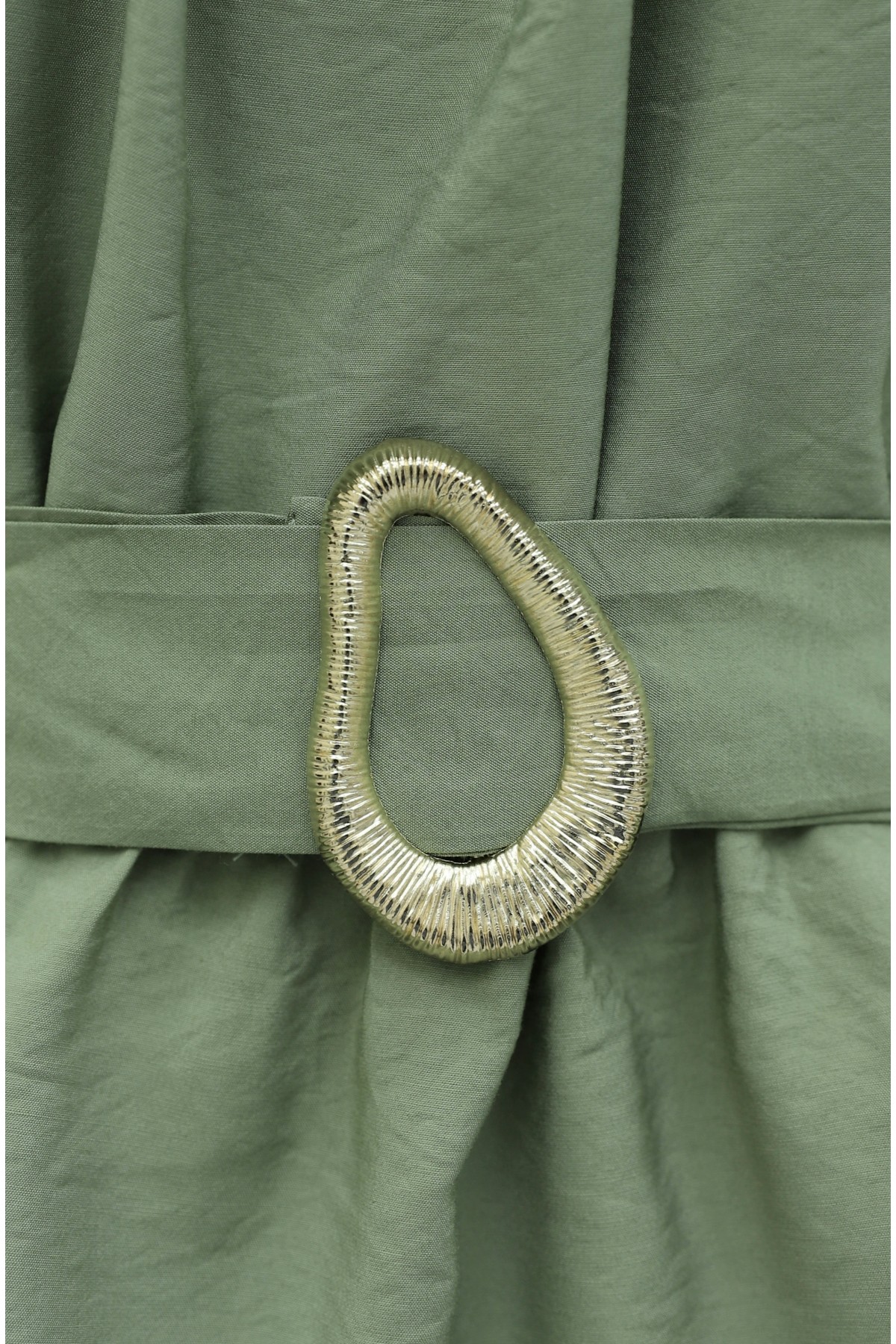 Buckled Belted, Tie-Collar, Panelled Polyviscose Tunic -Khaki