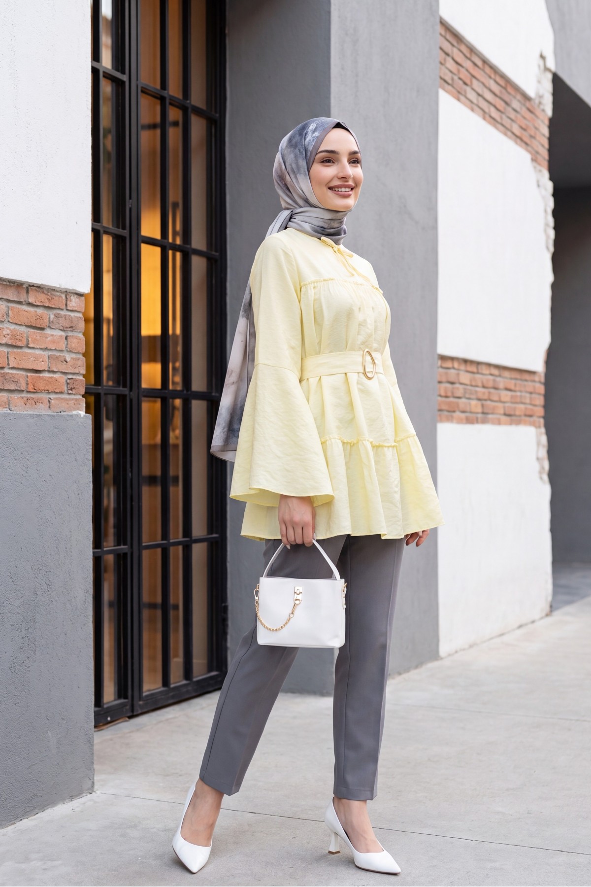 Buckled Belted, Tie-Collar, Panelled Polyviscose Tunic -Yellow
