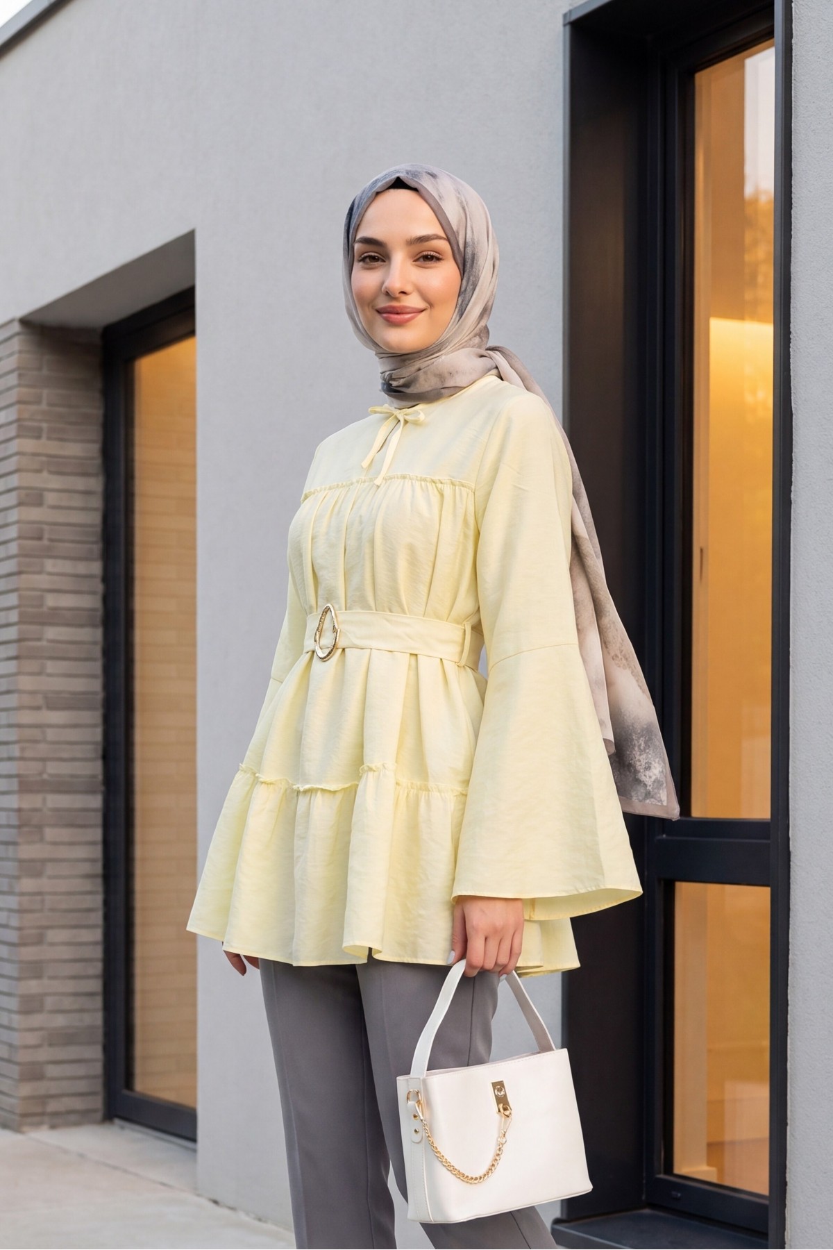 Buckled Belted, Tie-Collar, Panelled Polyviscose Tunic -Yellow