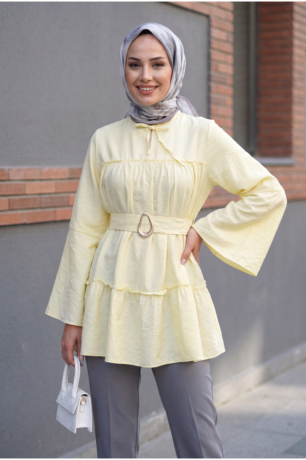 Buckled Belted, Tie-Collar, Panelled Polyviscose Tunic -Yellow