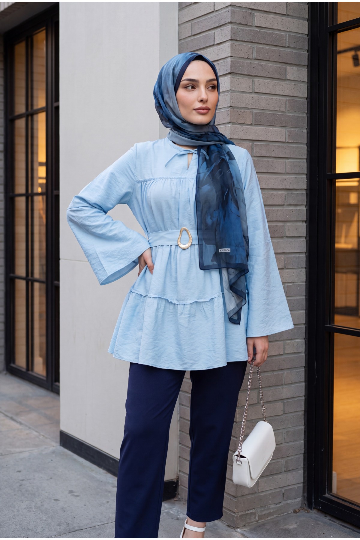 Buckled Belted, Tie-Collar, Panelled Polyviscose Tunic -Light blue