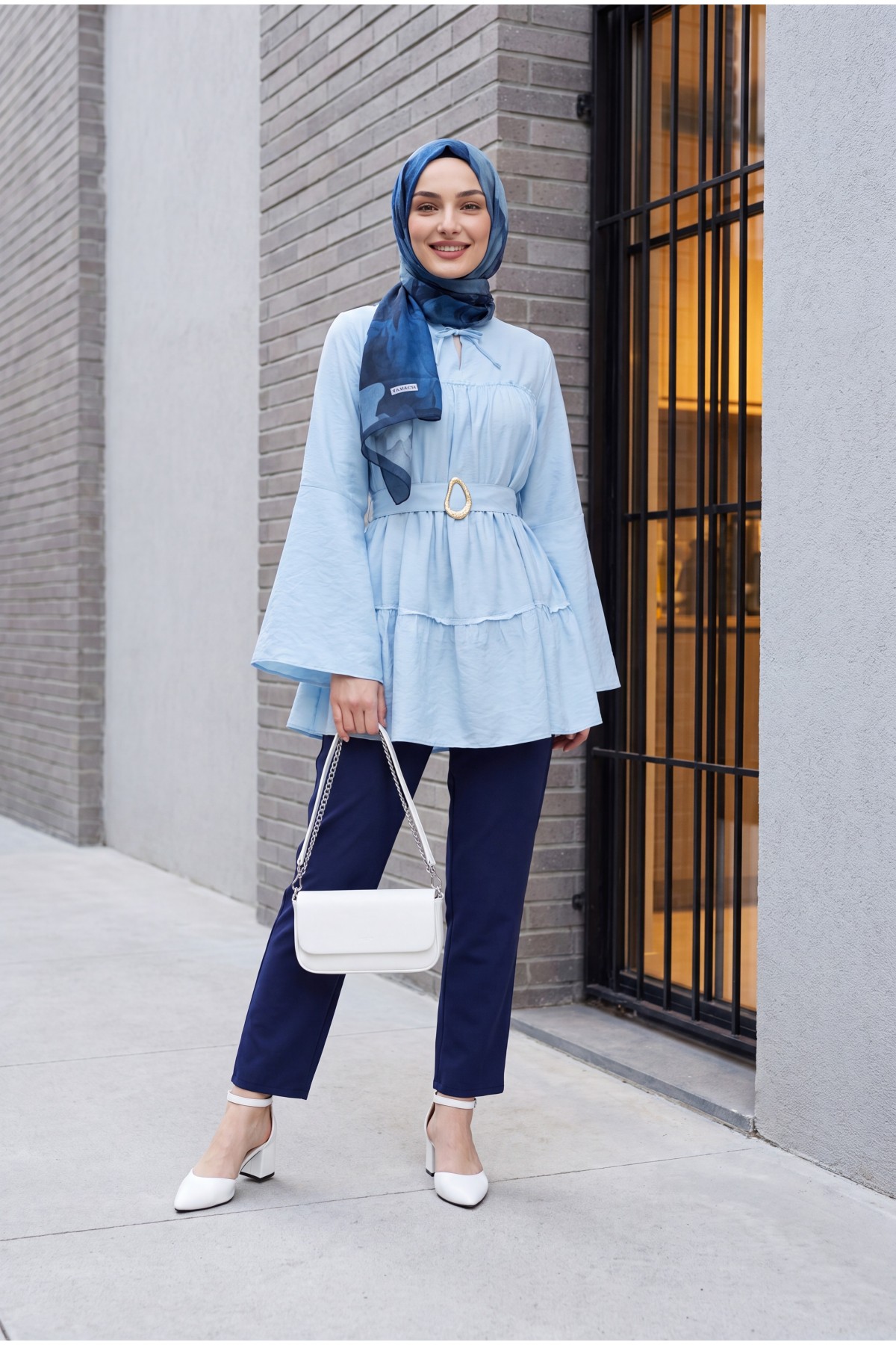 Buckled Belted, Tie-Collar, Panelled Polyviscose Tunic -Light blue