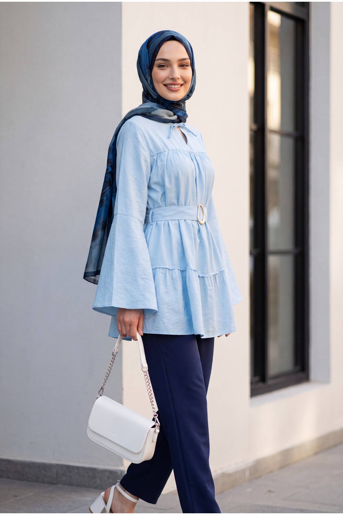Buckled Belted, Tie-Collar, Panelled Polyviscose Tunic -Light blue