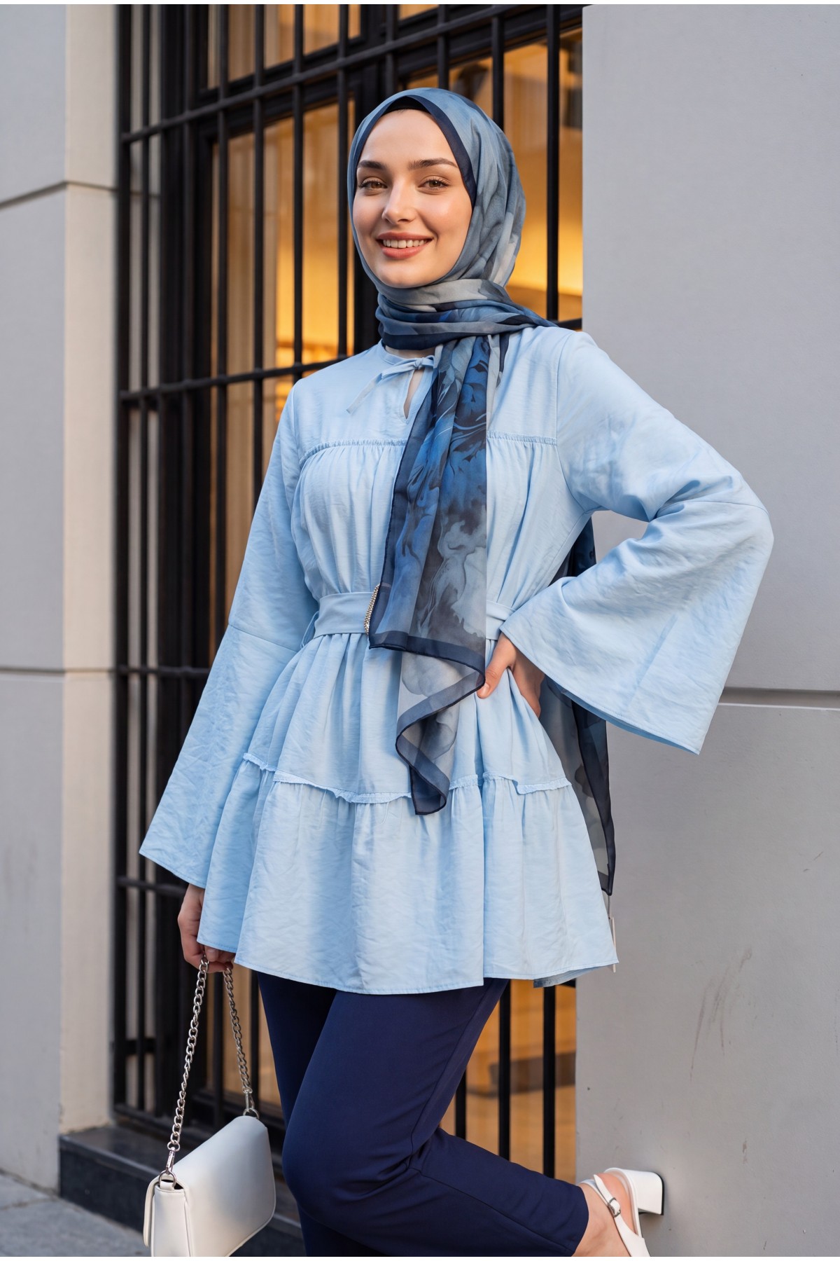 Buckled Belted, Tie-Collar, Panelled Polyviscose Tunic -Light blue