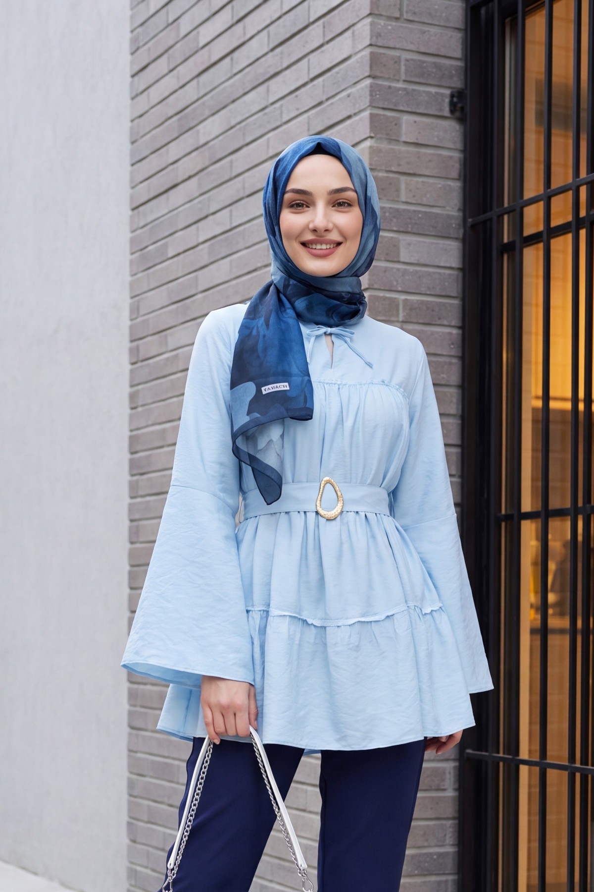 Buckled Belted, Tie-Collar, Panelled Polyviscose Tunic -Light blue