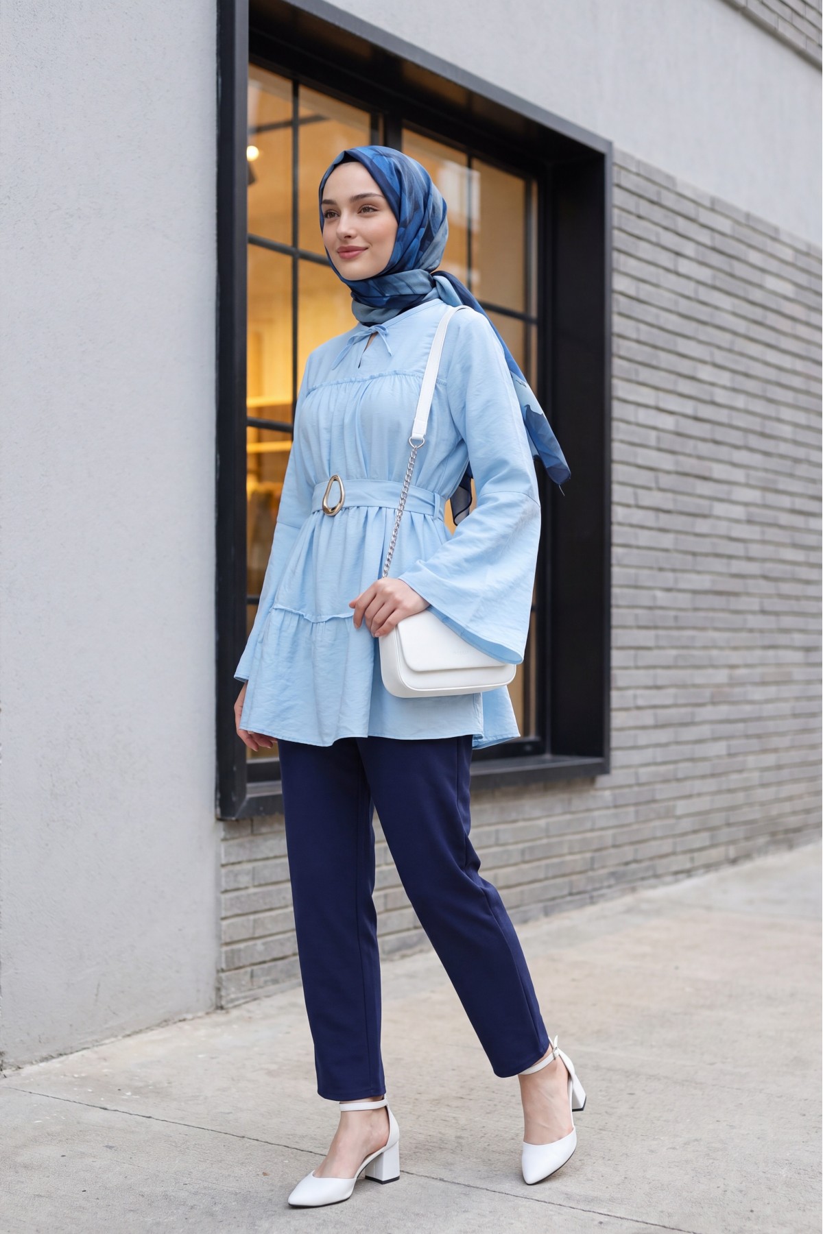 Buckled Belted, Tie-Collar, Panelled Polyviscose Tunic -Light blue
