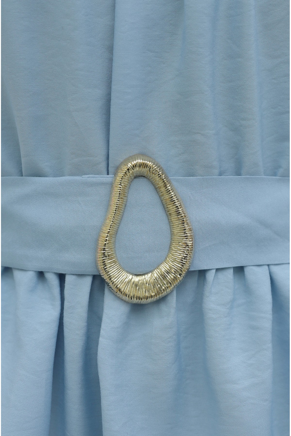 Buckled Belted, Tie-Collar, Panelled Polyviscose Tunic -Light blue