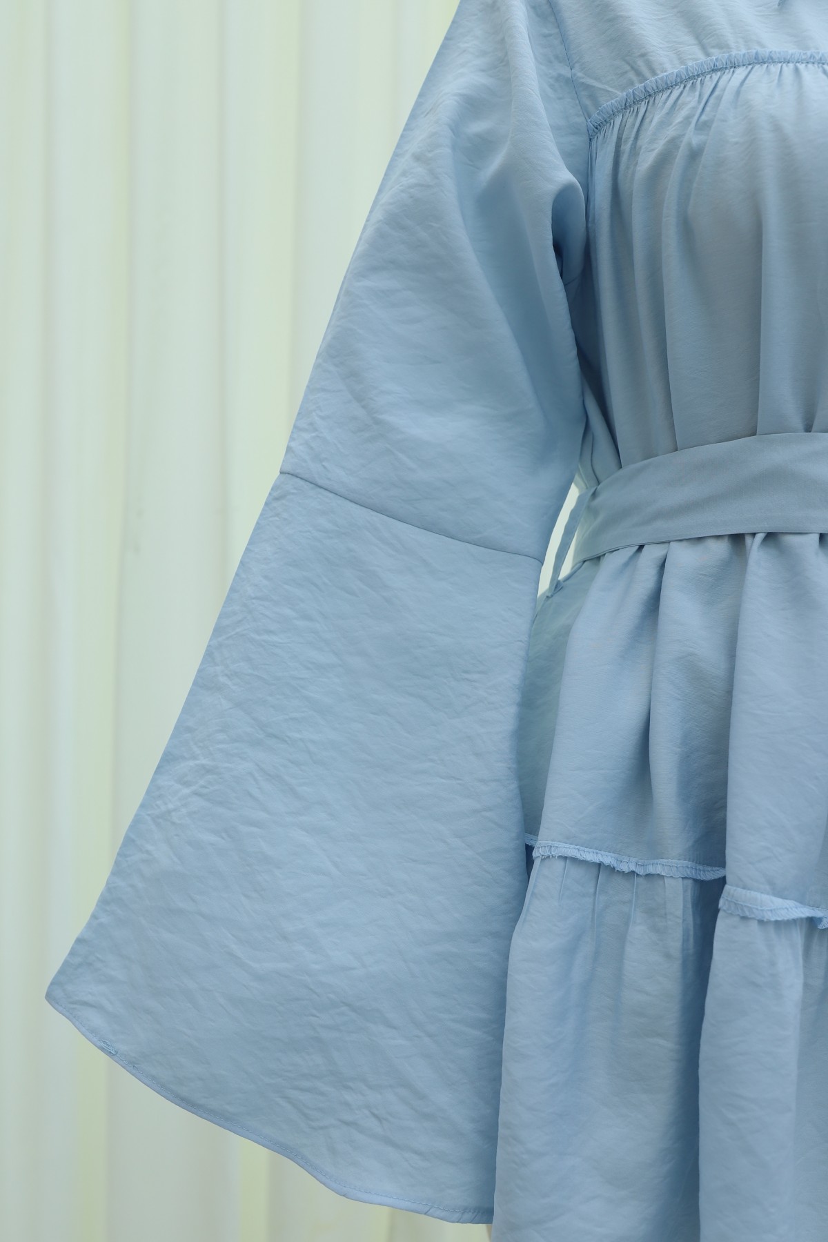 Buckled Belted, Tie-Collar, Panelled Polyviscose Tunic -Light blue