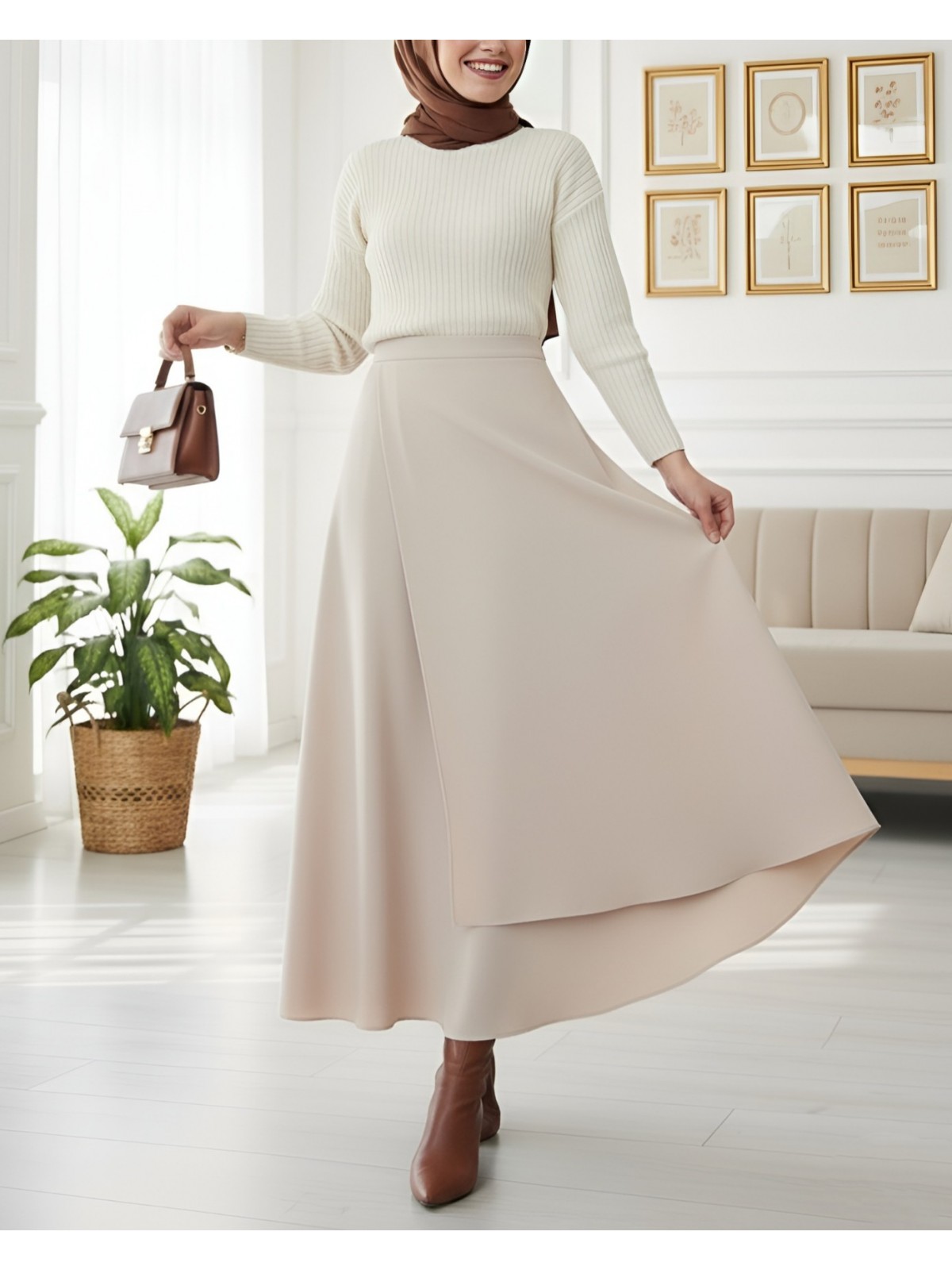 Önü Çapraz Çift Katlı Scuba Etek -Bej