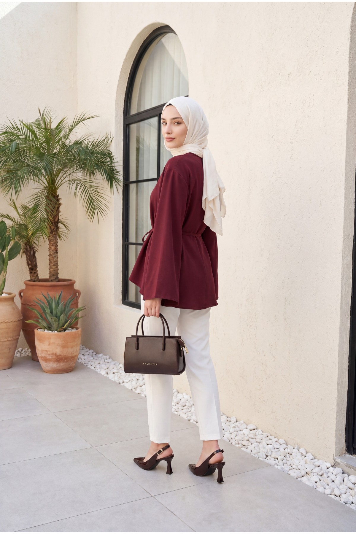 Asimetrik Kesim Beli Bağcıklı Oversize Modal Tunik -Bordo