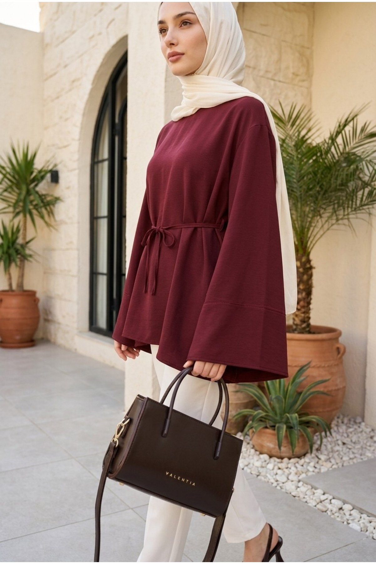 Asimetrik Kesim Beli Bağcıklı Oversize Modal Tunik -Bordo