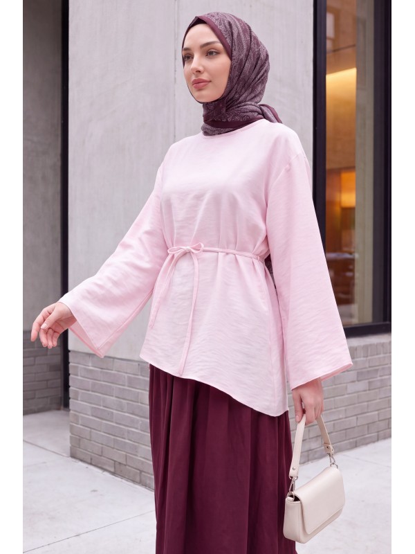 Asimetrik Kesim Beli Bağcıklı Oversize Modal Tunik  -Pudra