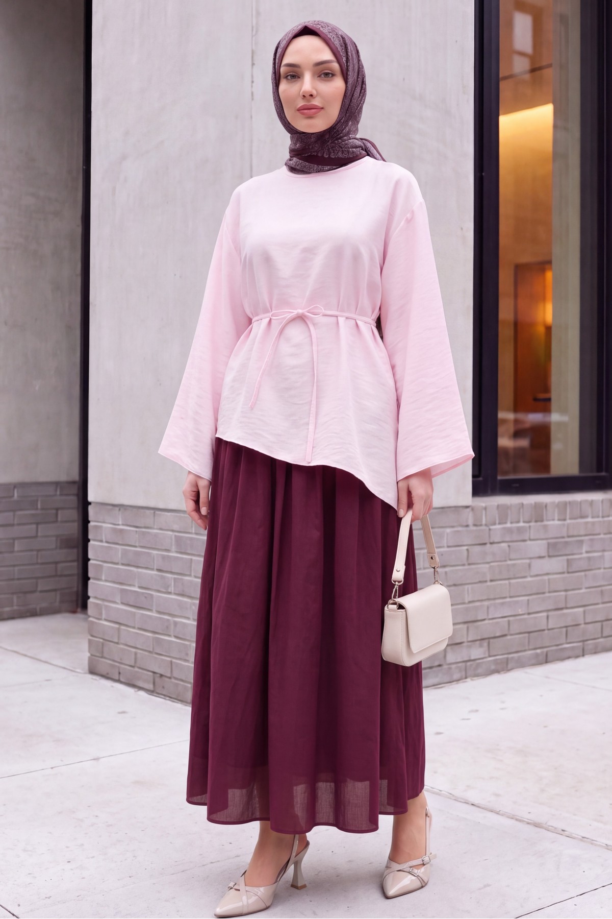 Asymmetrical Cut, Drawstring Waist, Oversize Modal Tunic  -Powder