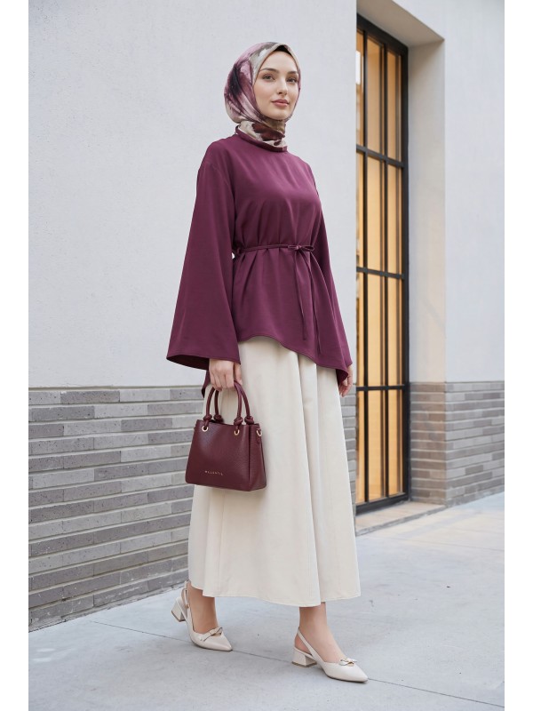 Asymmetrical Cut, Drawstring Waist, Oversize Modal Tunic  -Damson