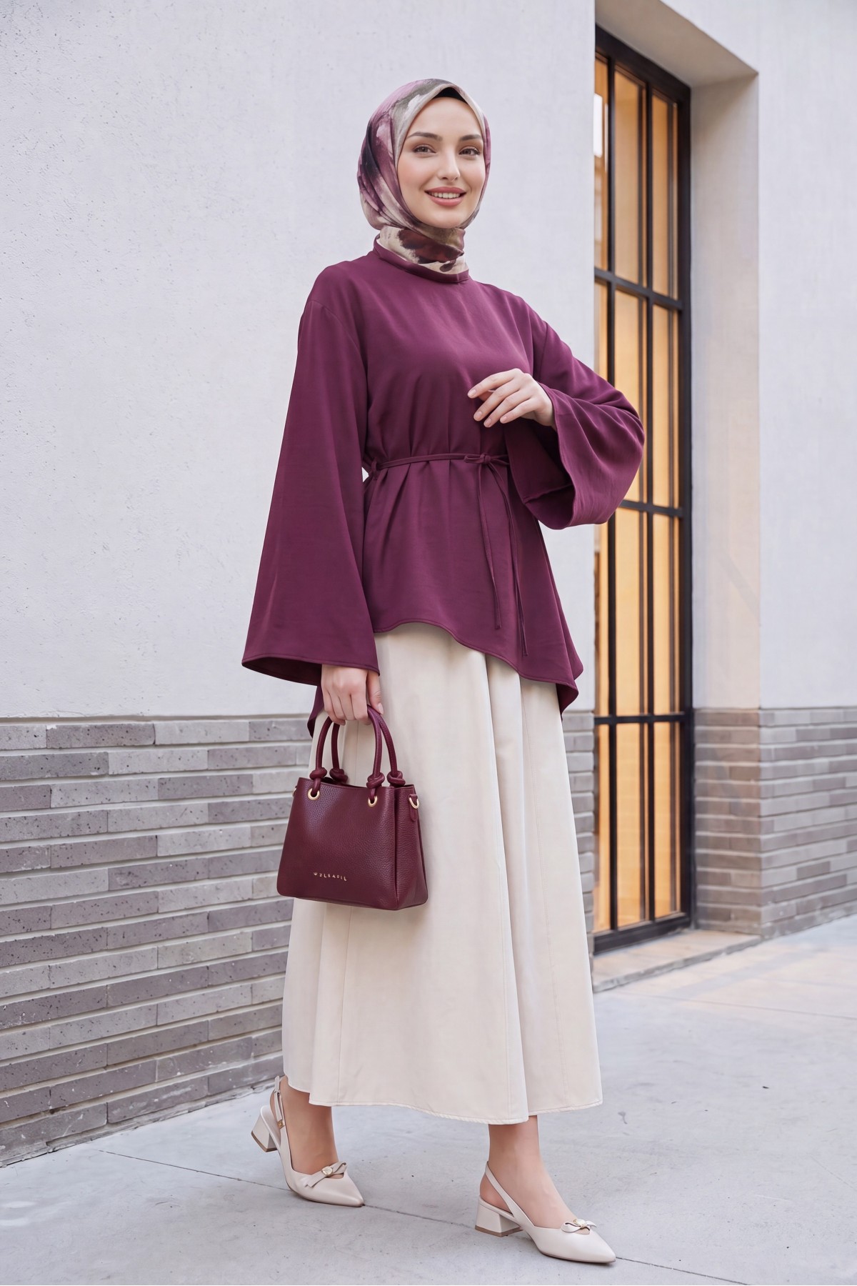 Asimetrik Kesim Beli Bağcıklı Oversize Modal Tunik  -Mürdüm