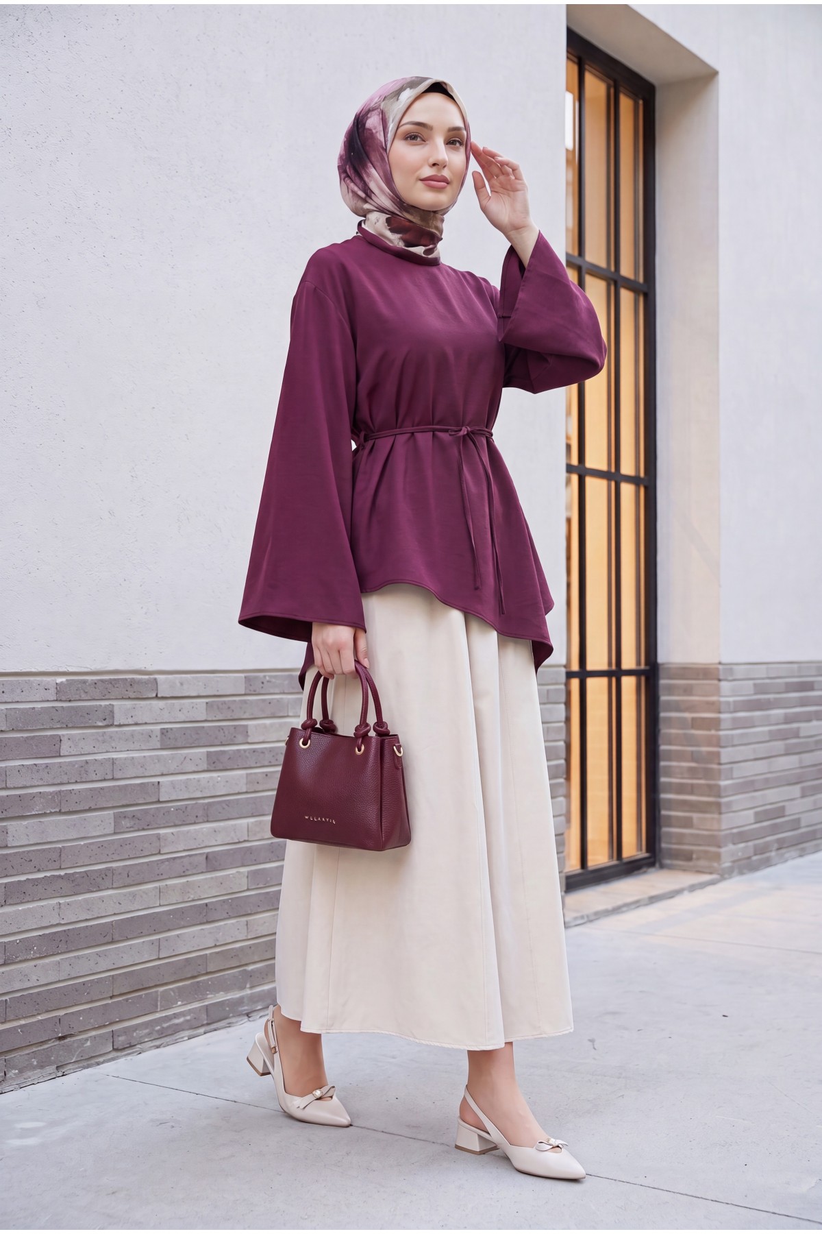 Asimetrik Kesim Beli Bağcıklı Oversize Modal Tunik  -Mürdüm