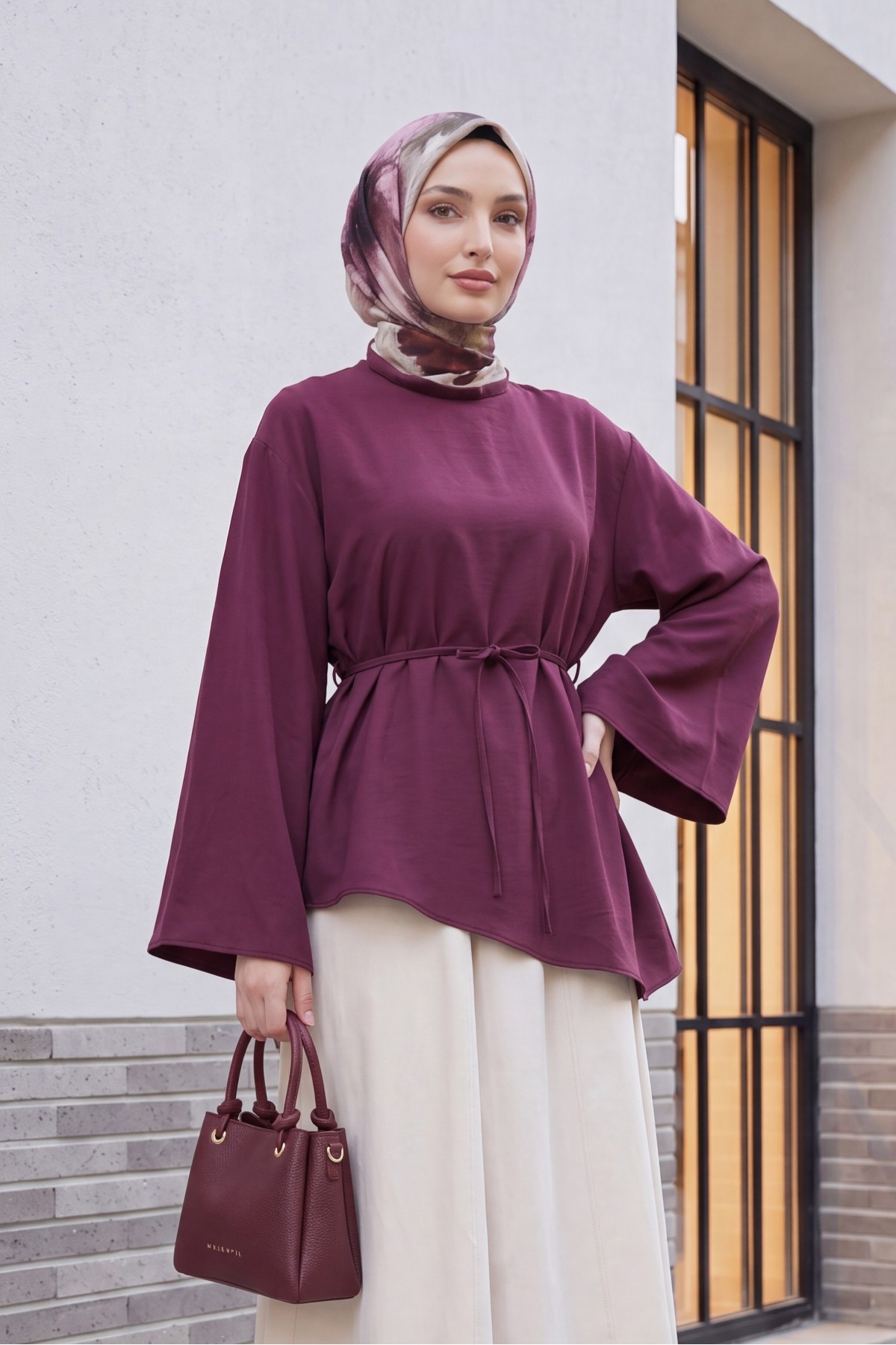 Asimetrik Kesim Beli Bağcıklı Oversize Modal Tunik  -Mürdüm