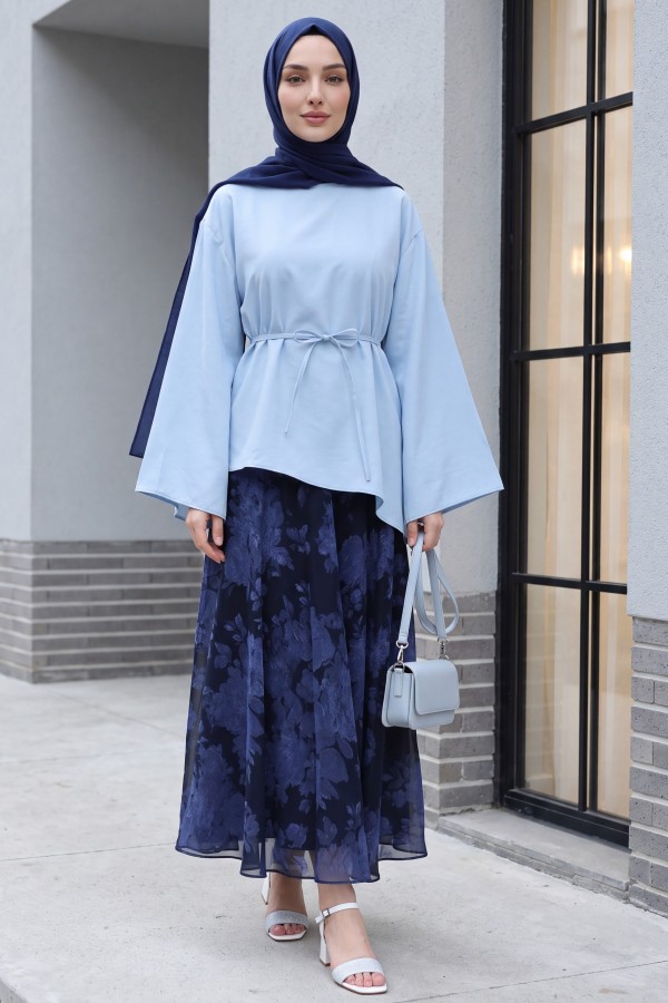 Asymmetrical Cut, Drawstring Waist, Oversize Modal Tunic  -Baby Blue