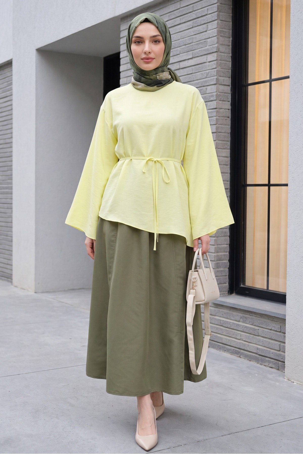Asimetrik Kesim Beli Bağcıklı Oversize Modal Tunik  -Açık Sarı