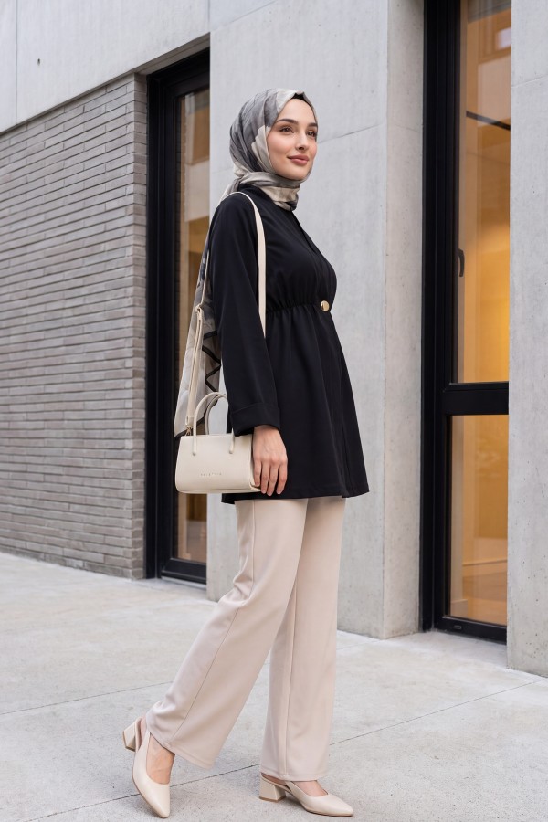 Crepe Kimono with Elastic Waist, Fold-Up Sleeves, and One Button -Black