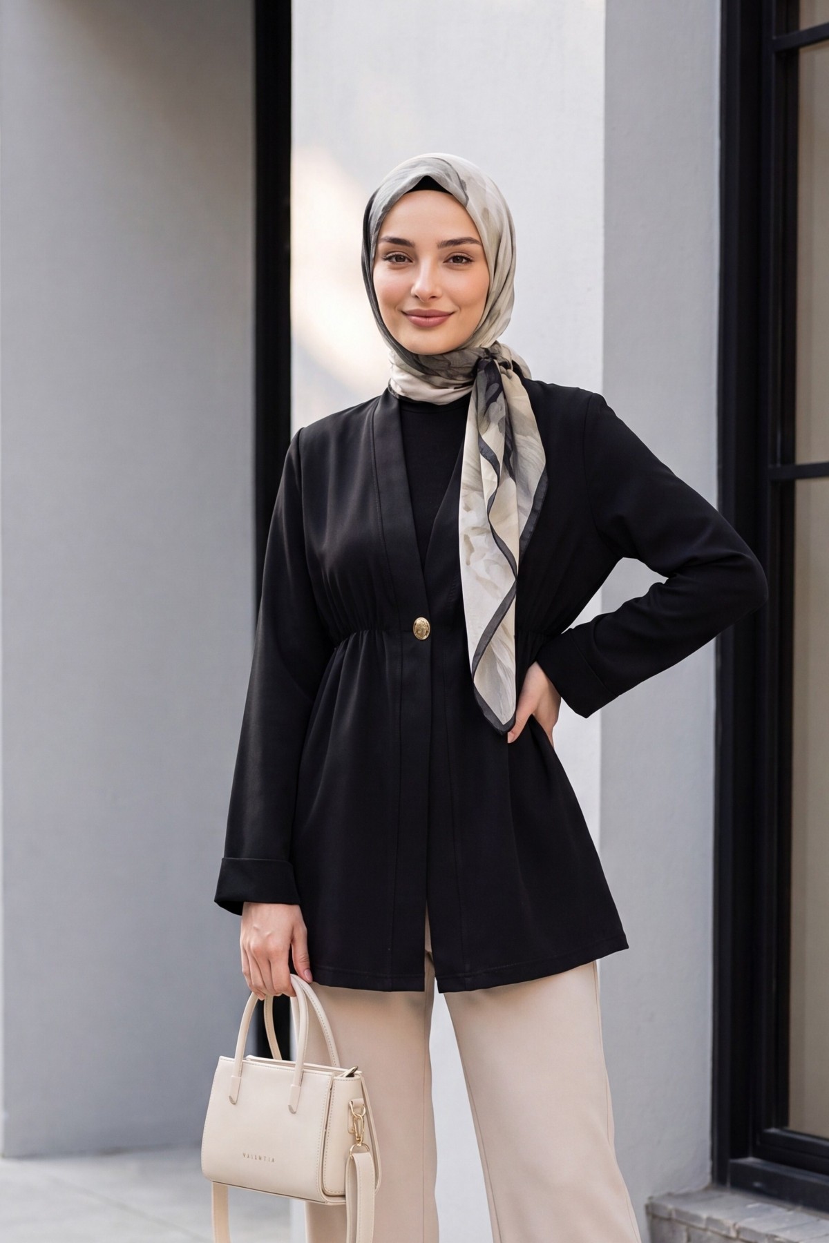 Crepe Kimono with Elastic Waist, Fold-Up Sleeves, and One Button -Black
