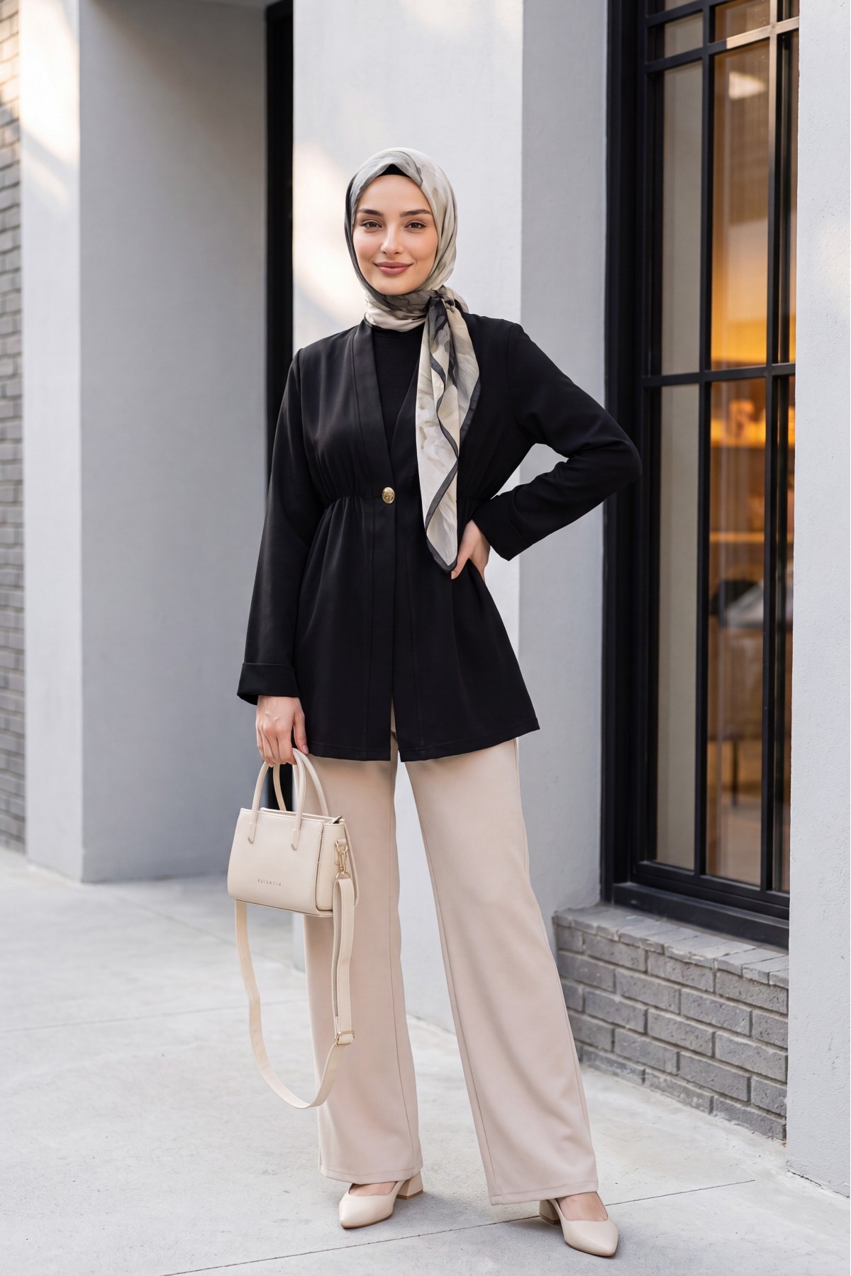 Crepe Kimono with Elastic Waist, Fold-Up Sleeves, and One Button -Black