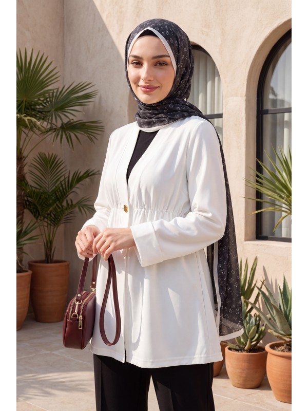 Beli Lastikli Kolu Katlamalı Tek Düğmeli Krep Kimono -Beyaz