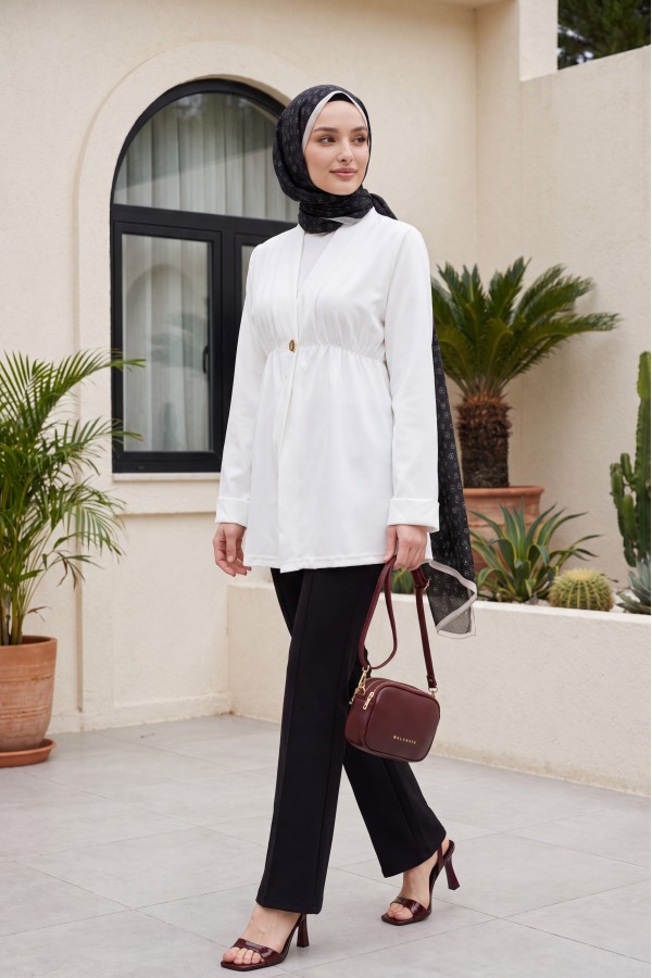 Crepe Kimono with Elastic Waist, Fold-Up Sleeves, and One Button -White