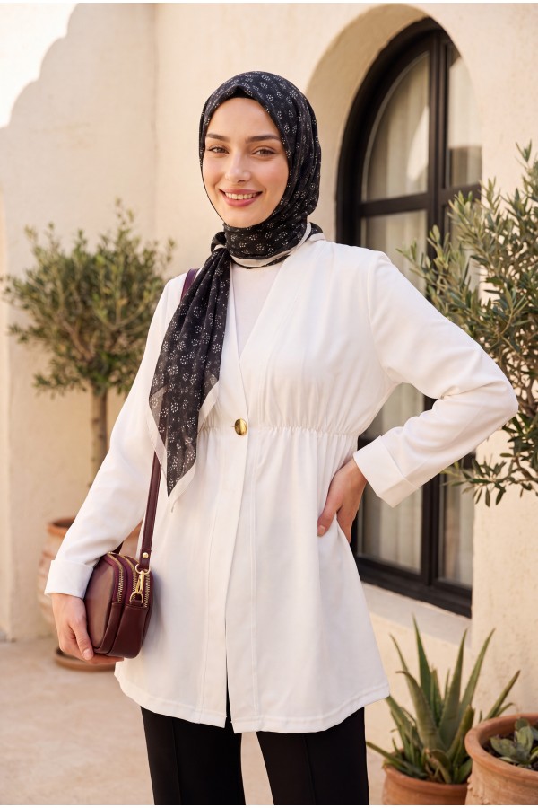 Crepe Kimono with Elastic Waist, Fold-Up Sleeves, and One Button -White