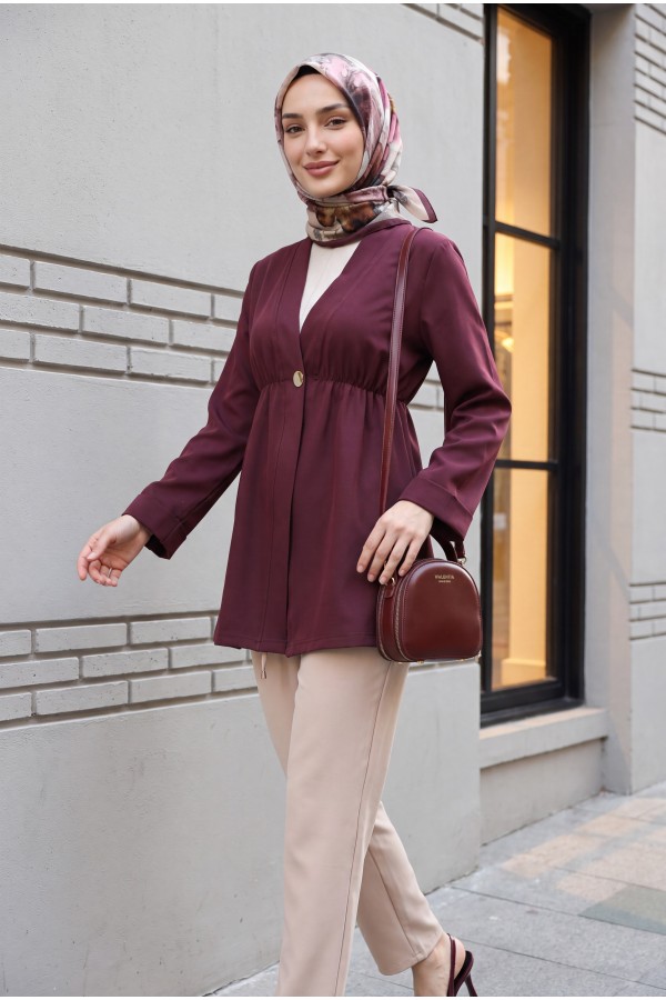 Crepe Kimono with Elastic Waist, Fold-Up Sleeves, and One Button -Damson