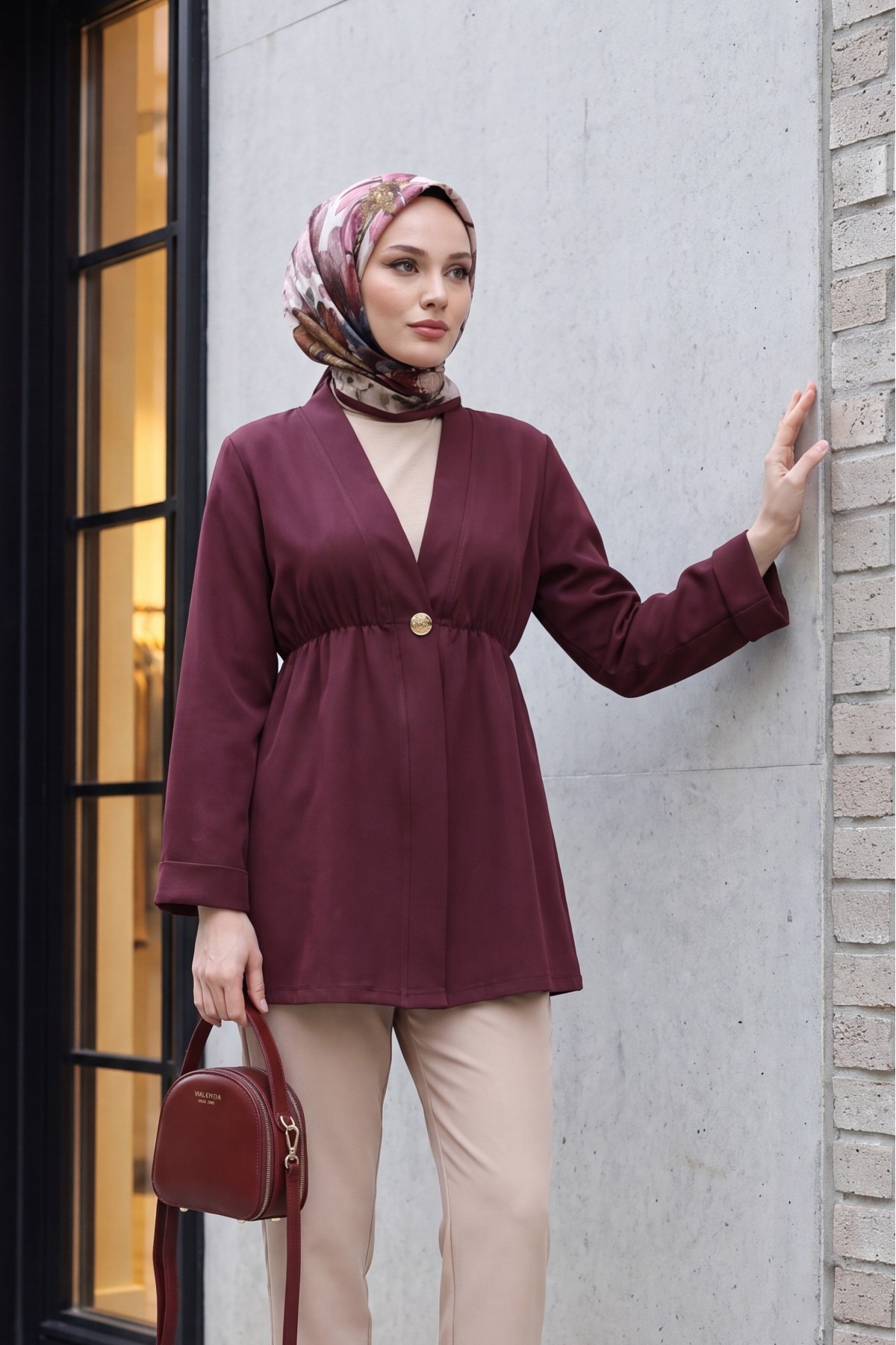 Crepe Kimono with Elastic Waist, Fold-Up Sleeves, and One Button -Damson
