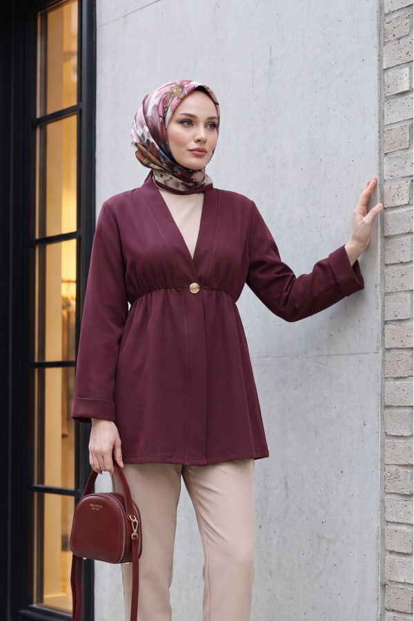 Crepe Kimono with Elastic Waist, Fold-Up Sleeves, and One Button -Damson