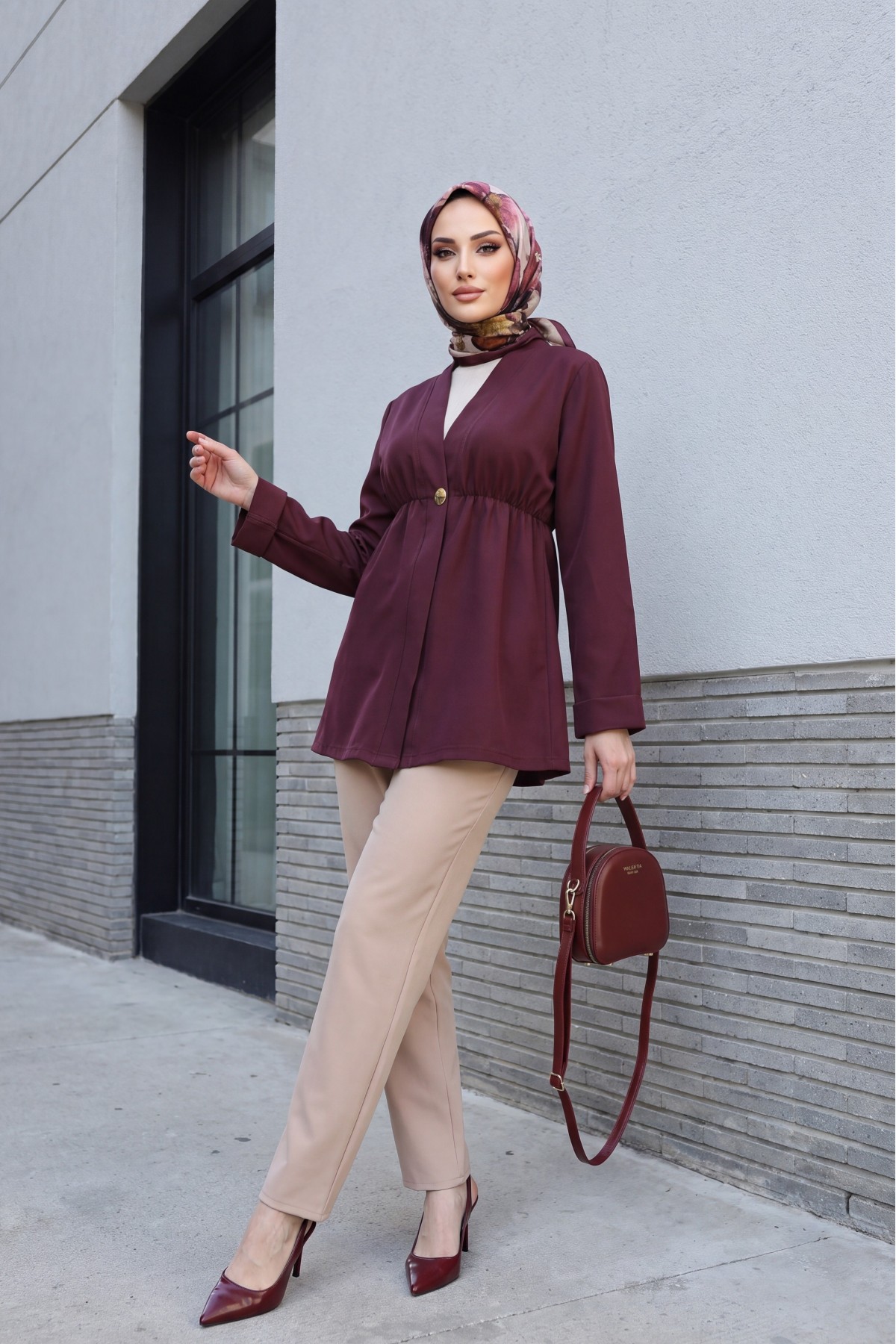 Crepe Kimono with Elastic Waist, Fold-Up Sleeves, and One Button -Damson