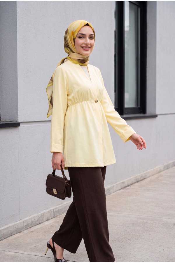 Crepe Kimono with Elastic Waist, Fold-Up Sleeves, and One Button -Yellow