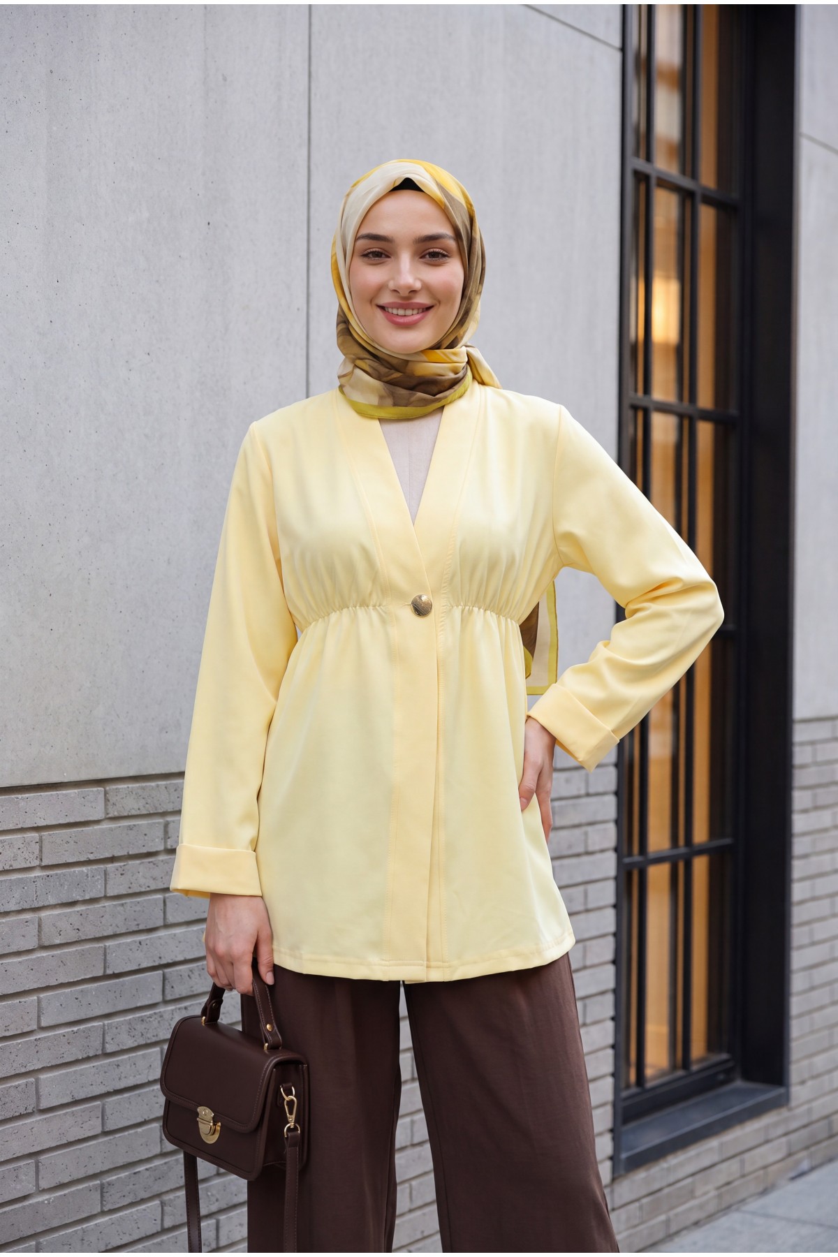 Crepe Kimono with Elastic Waist, Fold-Up Sleeves, and One Button -Yellow