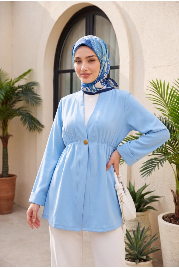 Crepe Kimono with Elastic Waist, Fold-Up Sleeves, and One Button -Baby Blue
