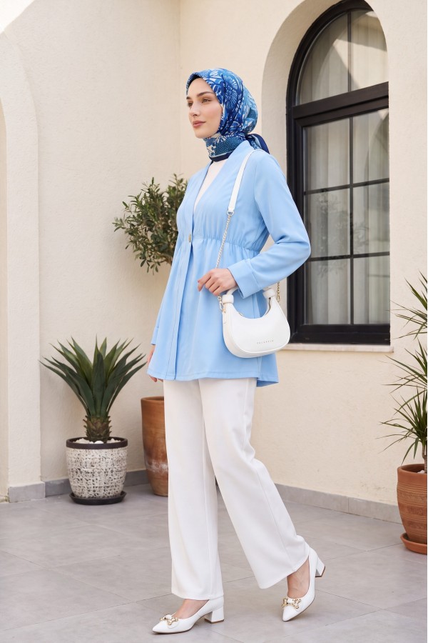 Crepe Kimono with Elastic Waist, Fold-Up Sleeves, and One Button -Baby Blue