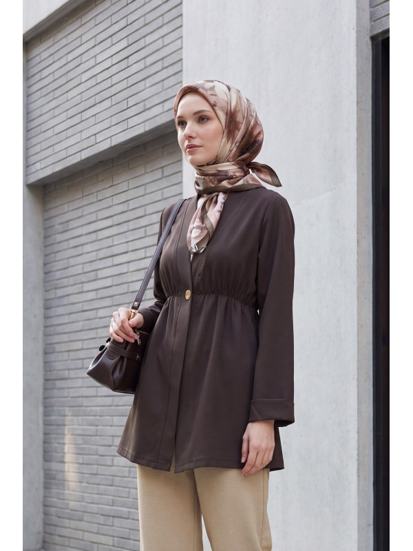 Crepe Kimono with Elastic Waist, Fold-Up Sleeves, and One Button -Dark Coffee