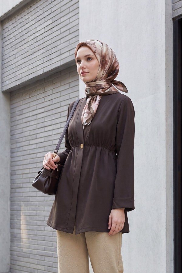 Crepe Kimono with Elastic Waist, Fold-Up Sleeves, and One Button -Dark Coffee