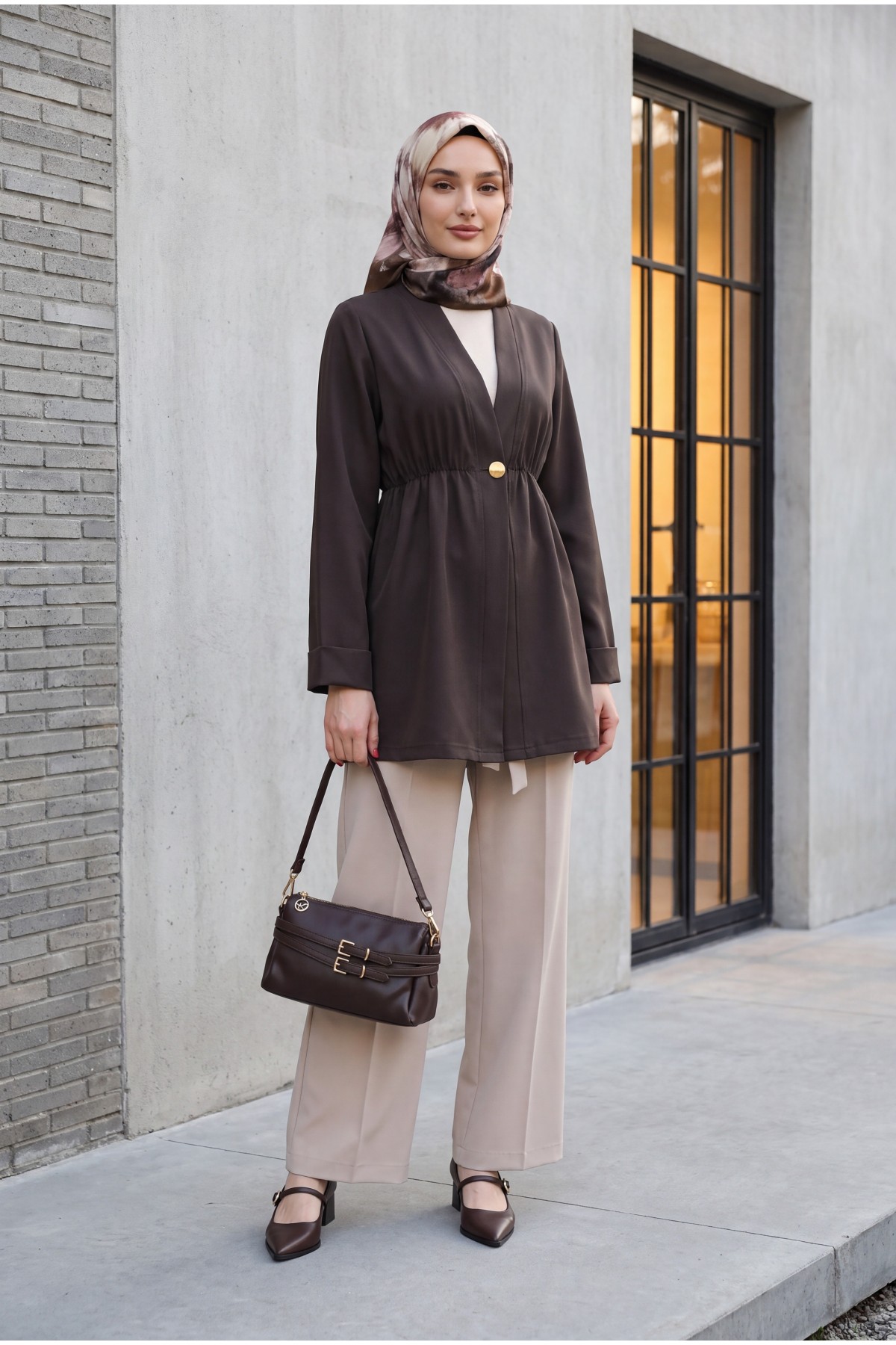 Crepe Kimono with Elastic Waist, Fold-Up Sleeves, and One Button -Dark Coffee