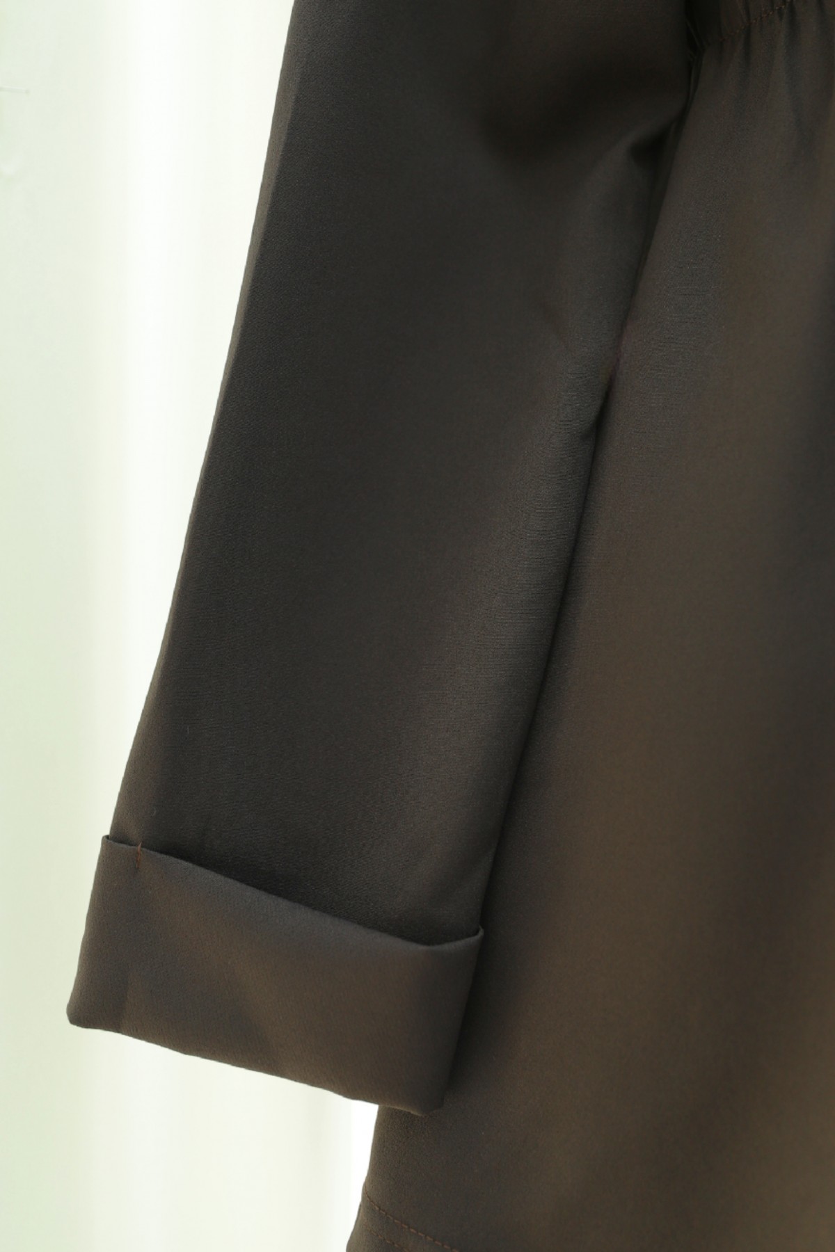 Crepe Kimono with Elastic Waist, Fold-Up Sleeves, and One Button -Dark Coffee