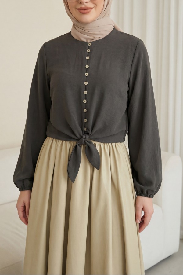 Modal Shirt with Tie  -Dark Coffee