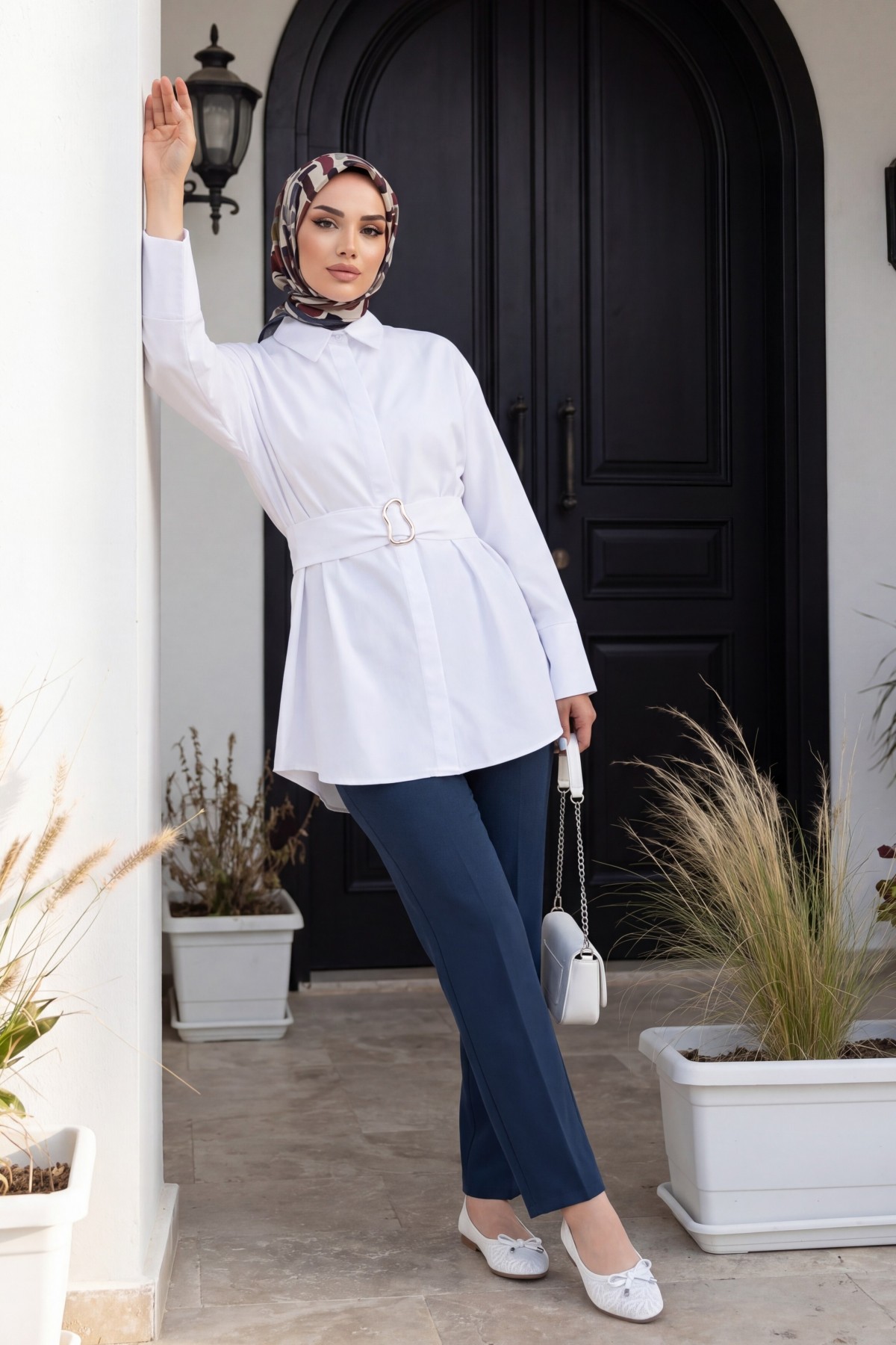 Buckled Belted Double Cuff Sleeve Concealed Button Poplin Tunic -White