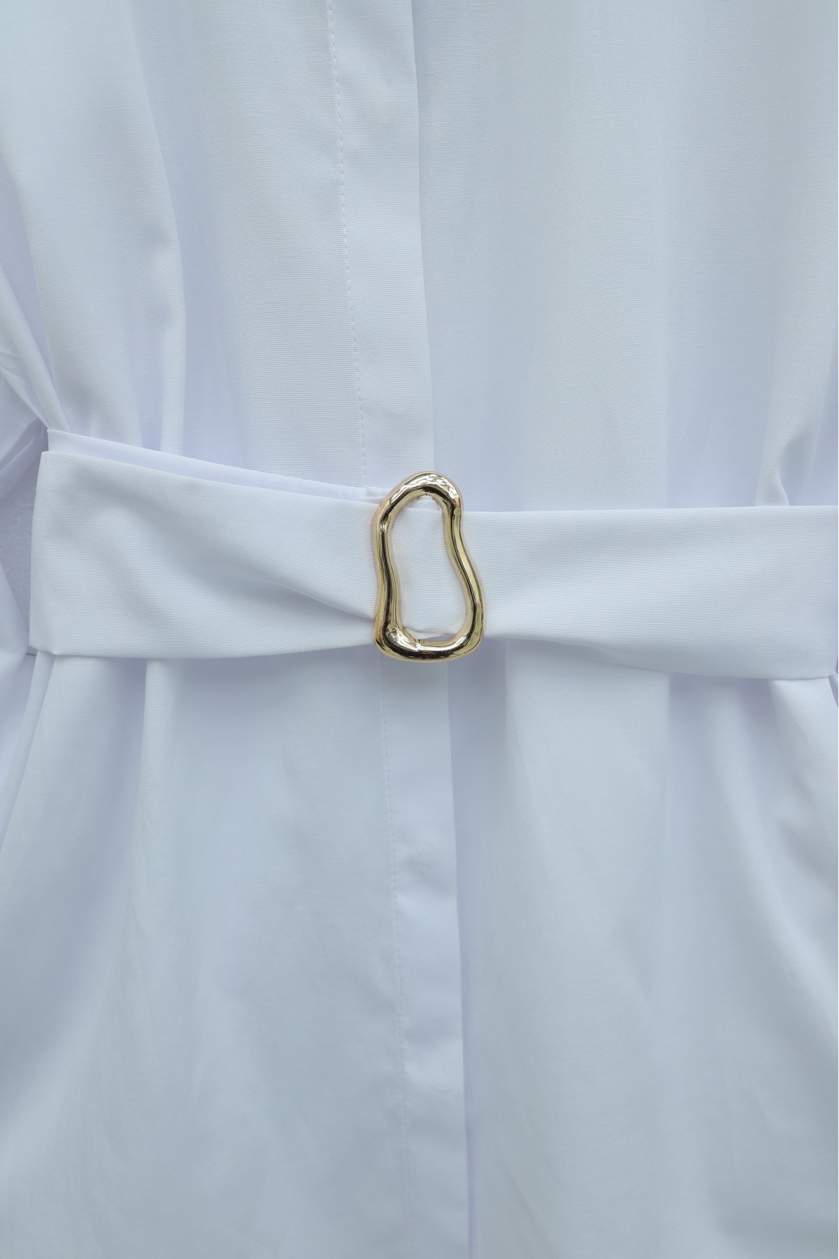 Buckled Belted Double Cuff Sleeve Concealed Button Poplin Tunic -White