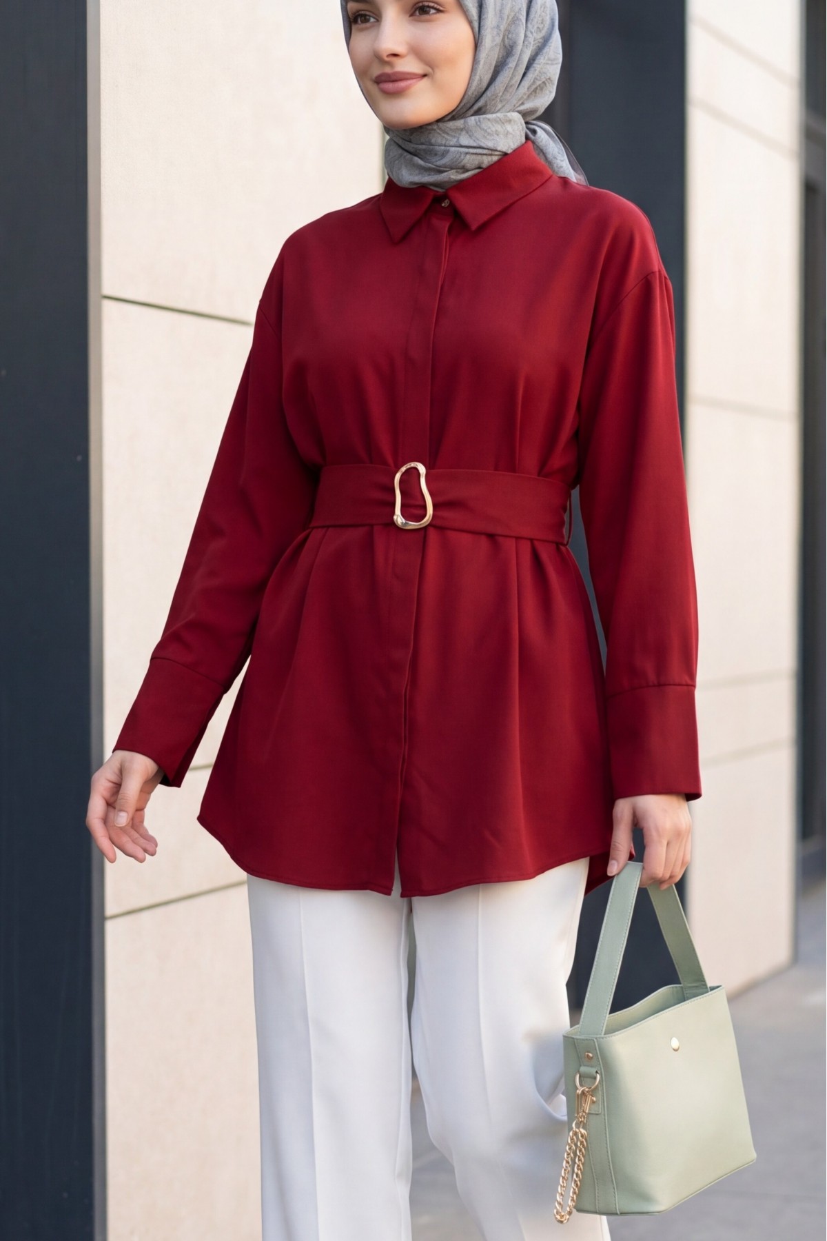 Buckled Belted Double Cuff Sleeve Concealed Button Poplin Tunic -Maroon