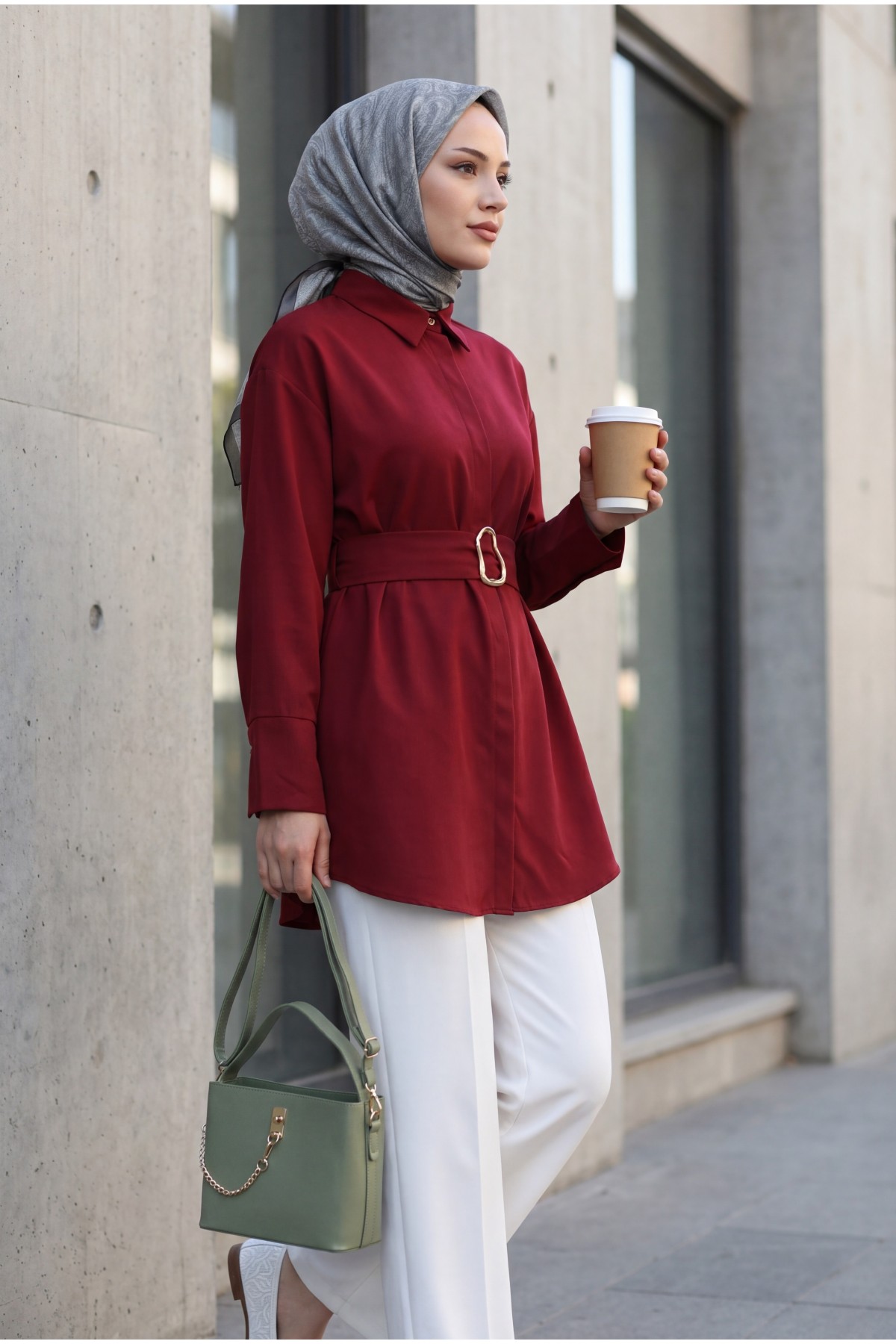 Buckled Belted Double Cuff Sleeve Concealed Button Poplin Tunic -Maroon